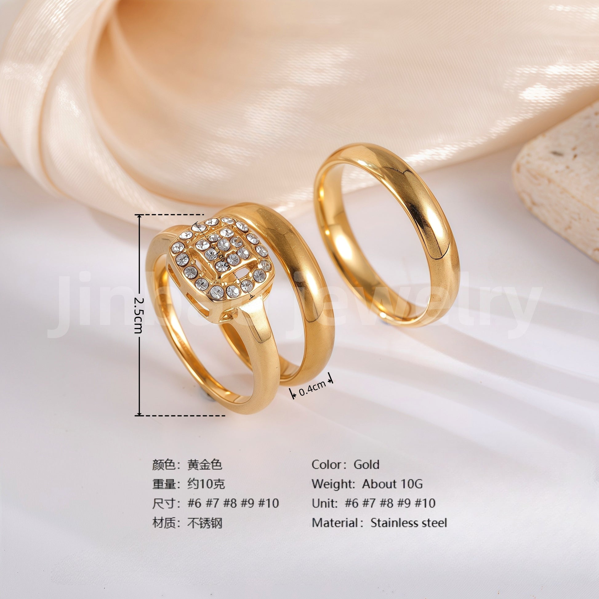 3 pc His & Her Gleaming Elegance Wedding Ring Set Hypoallergenic 24k Gold, Cubic Zirconia, Size 6-10