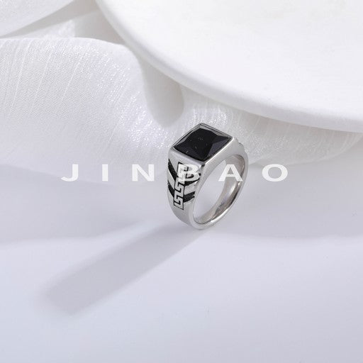 Bold Square Gemstone Stainless Steel Ring Greek Key Design for Men | BL1099-JinBaoJewelry