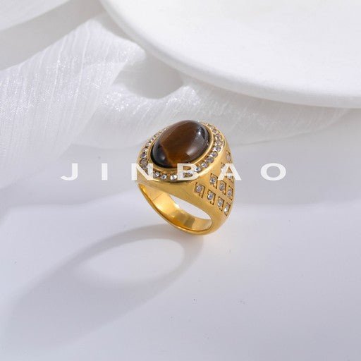 Luxurious Gold Tiger Eye Stone Inlaid Diamond Stainless Steel Men's Ring | BL869