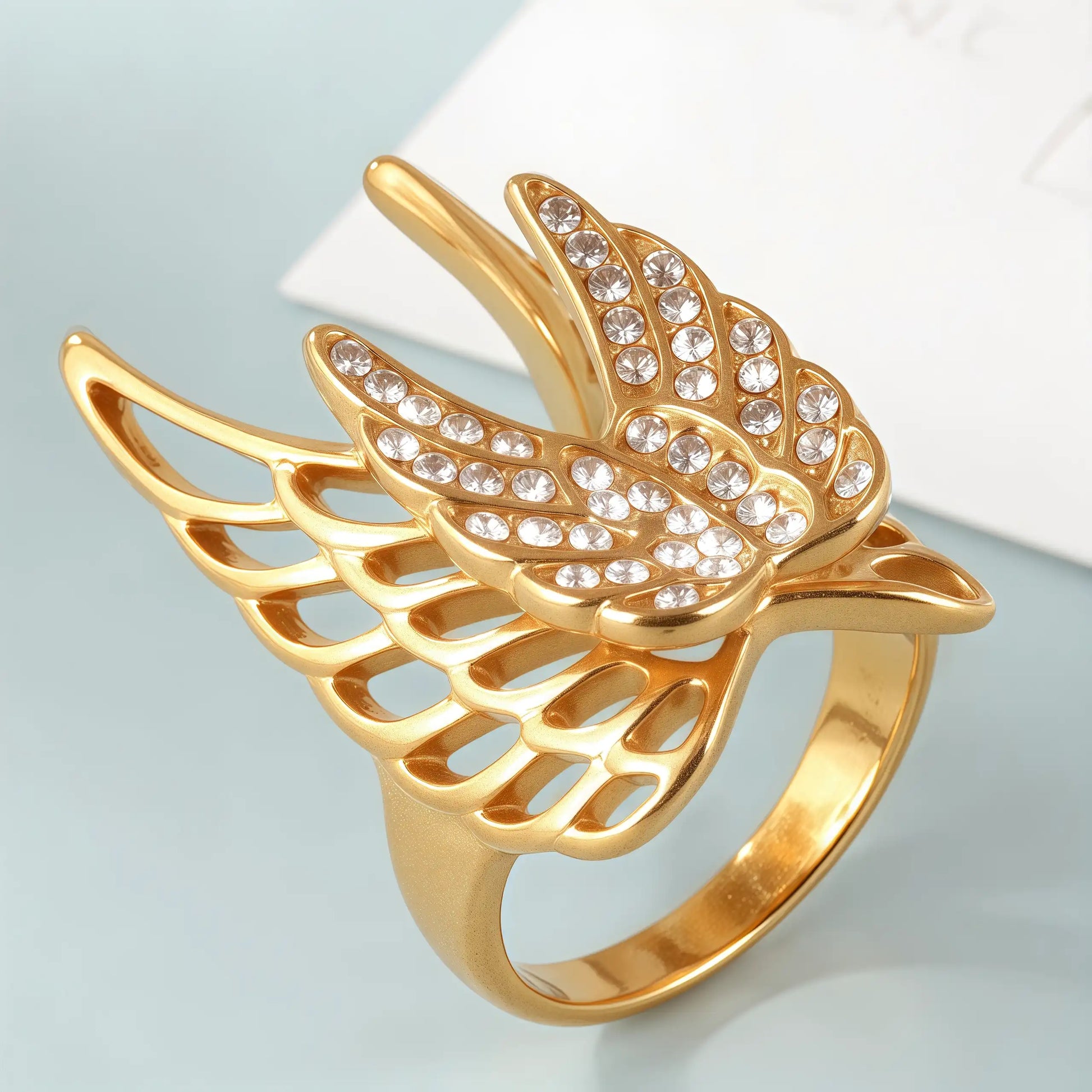 24k Gold Inlaid Crystal Wing Pattern Stainless Steel Female Ring丨C-306