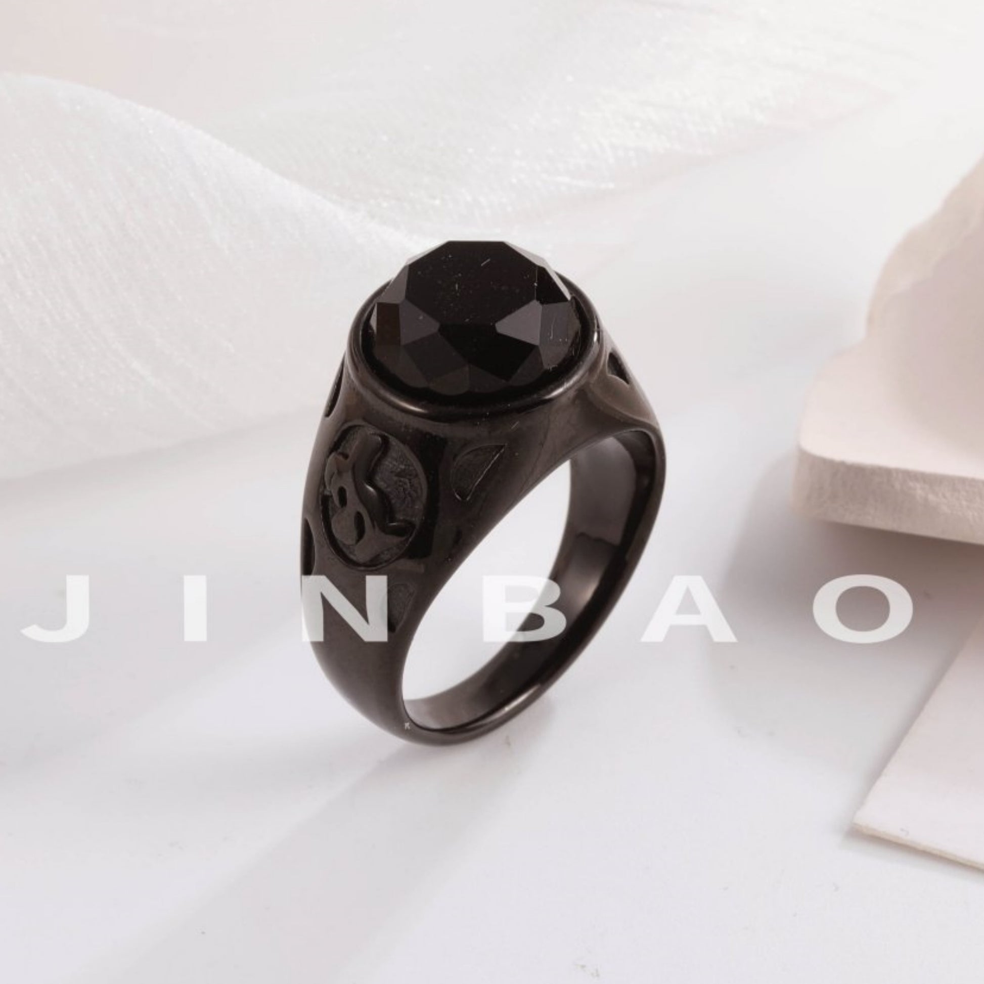 Vintage Black Stainless Steel Gemstone Ring Trendy Statement Ring for Men and Women | B404