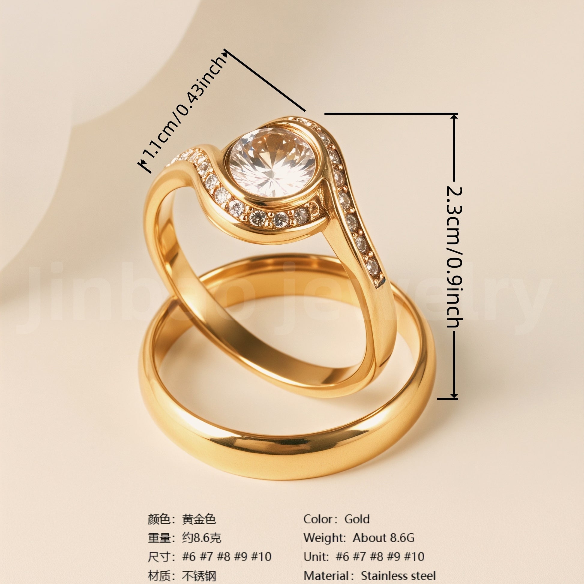 24K Gold-Plating Stainless Steel Luxury Crystal Wedding Waterproof Ring