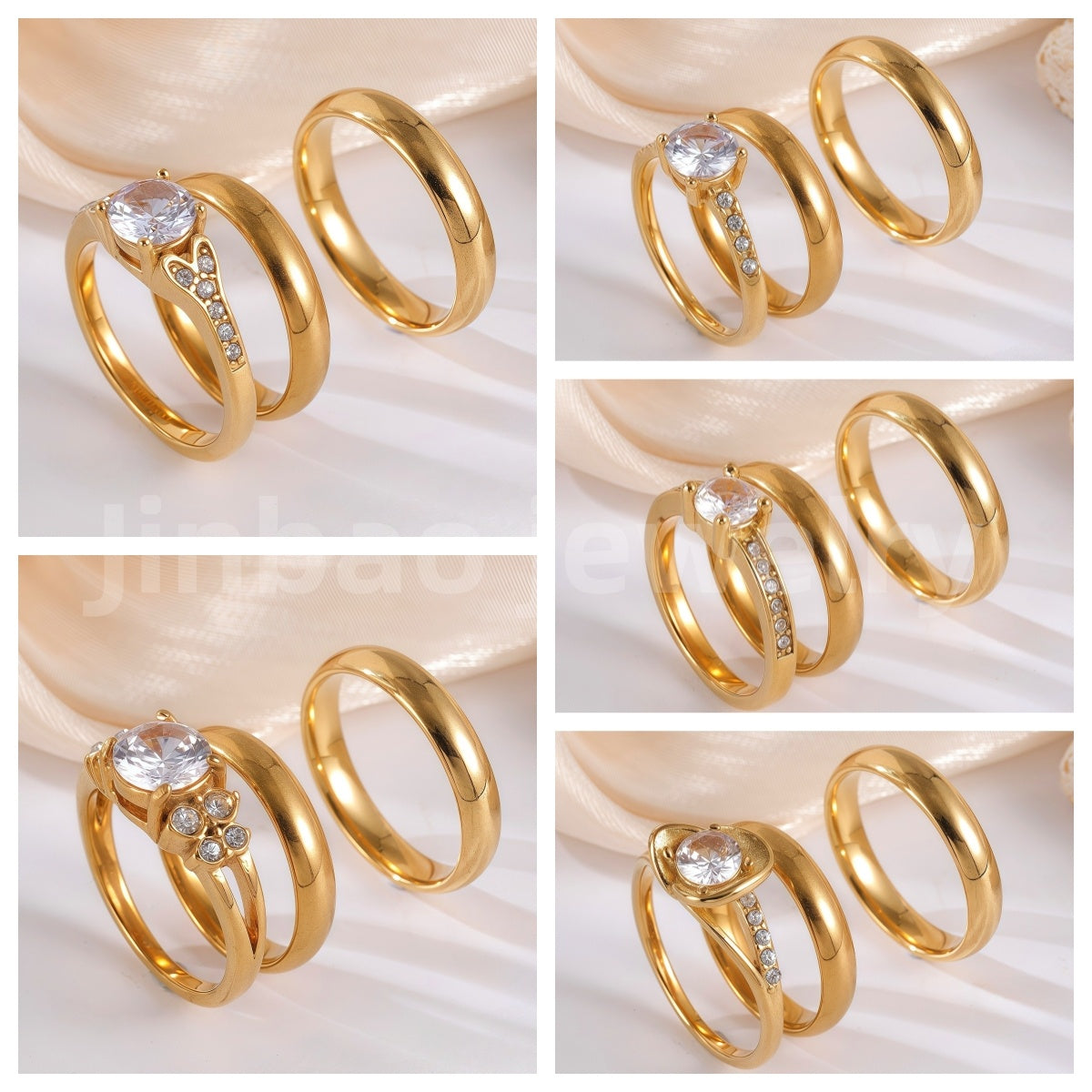 3 pc His & Her Crystal Glow Wedding Ring Set Hypoallergenic 24k Gold, Cubic Zirconia, Size 6-10