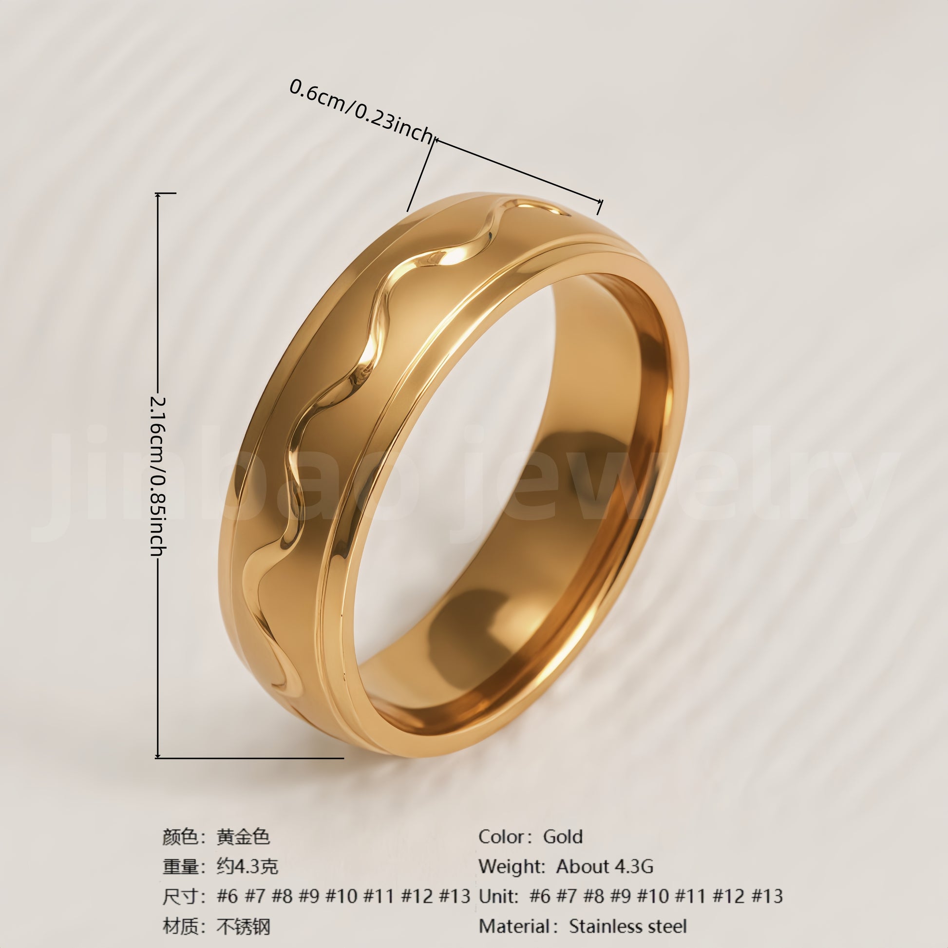Stylish 24K Gold-Plating Stainless Steel Unisex 6MM Band