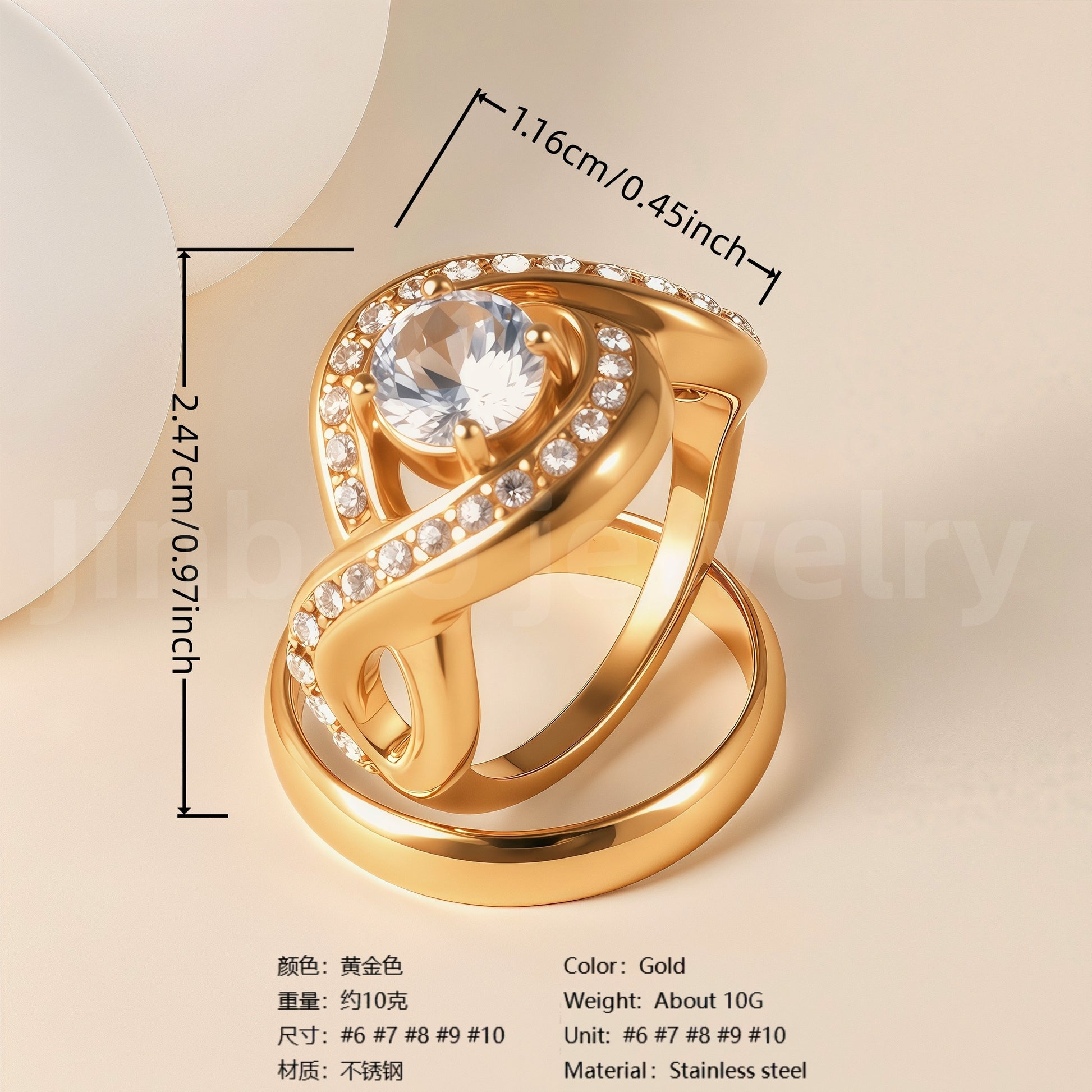 24K Gold-Plating Stainless Steel Luxury Crystal Wedding Waterproof Ring