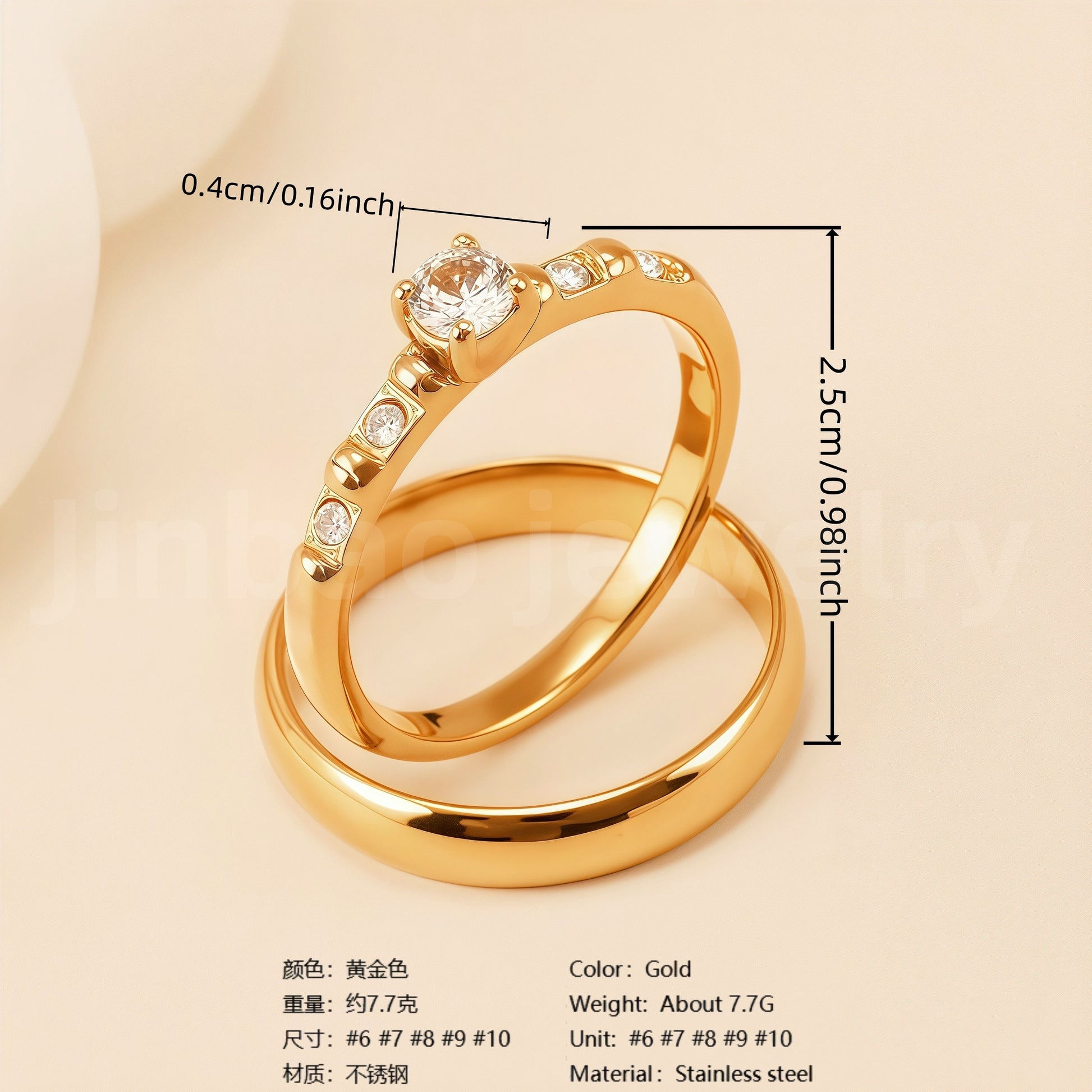 24K Gold-Plating Stainless Steel Luxury Crystal Wedding Waterproof Ring