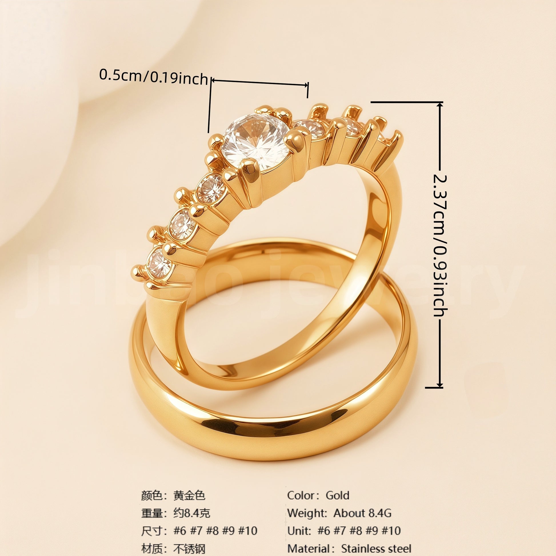 24K Gold-Plating Stainless Steel Luxury Crystal Wedding Waterproof Ring