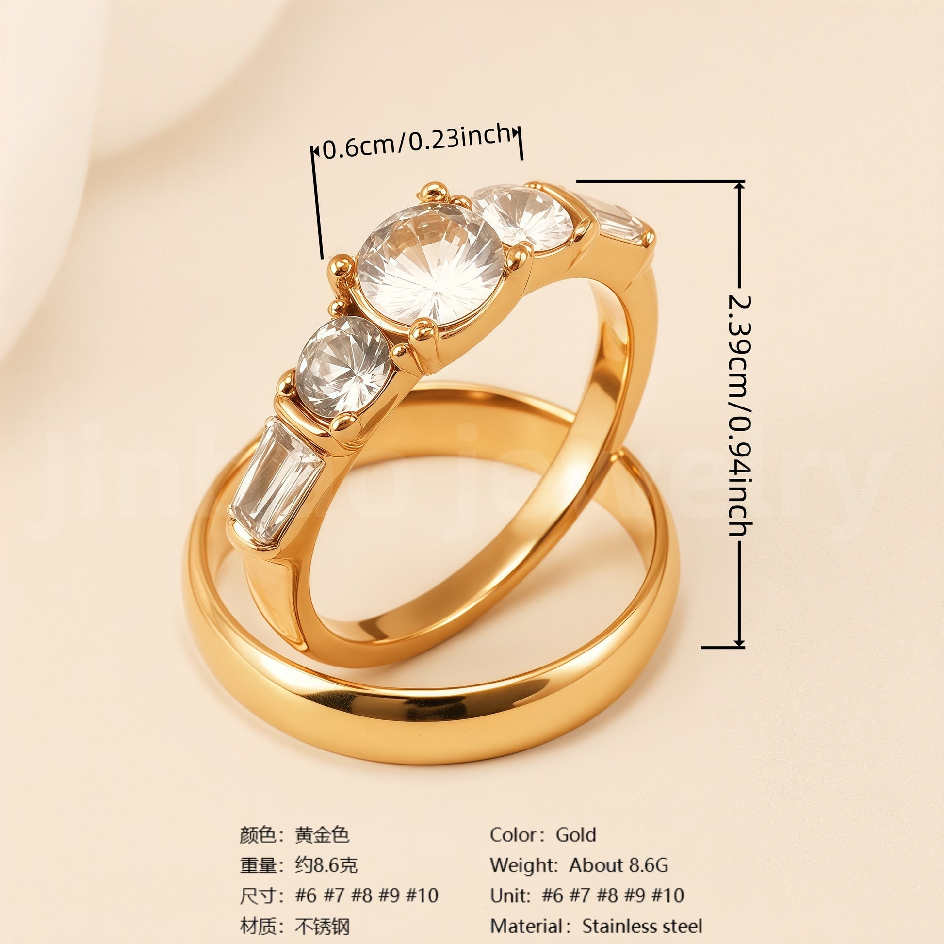 24K Gold-Plating Stainless Steel Luxury Crystal Wedding Waterproof Ring