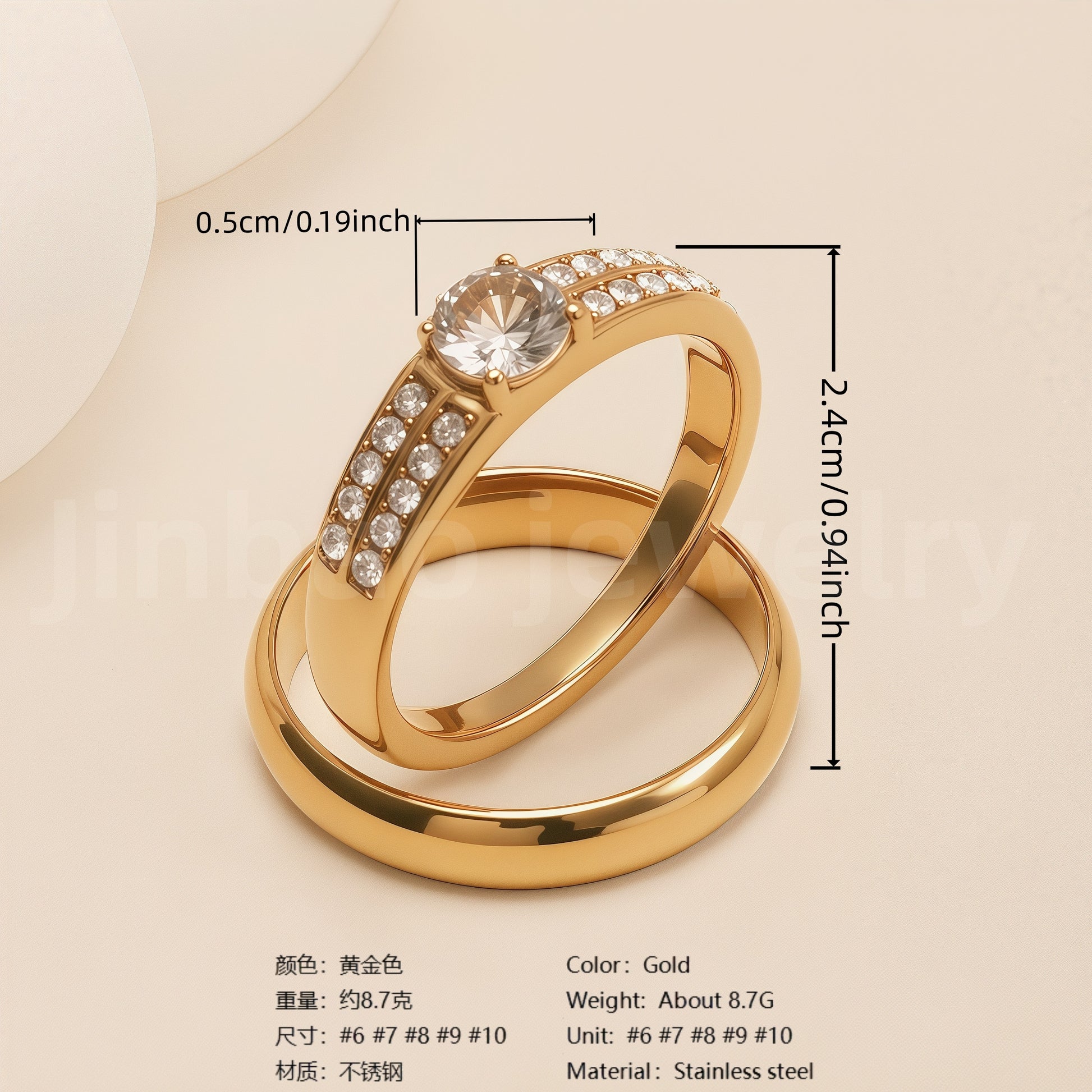 24K Gold-Plating Stainless Steel Luxury Crystal Wedding Waterproof Ring