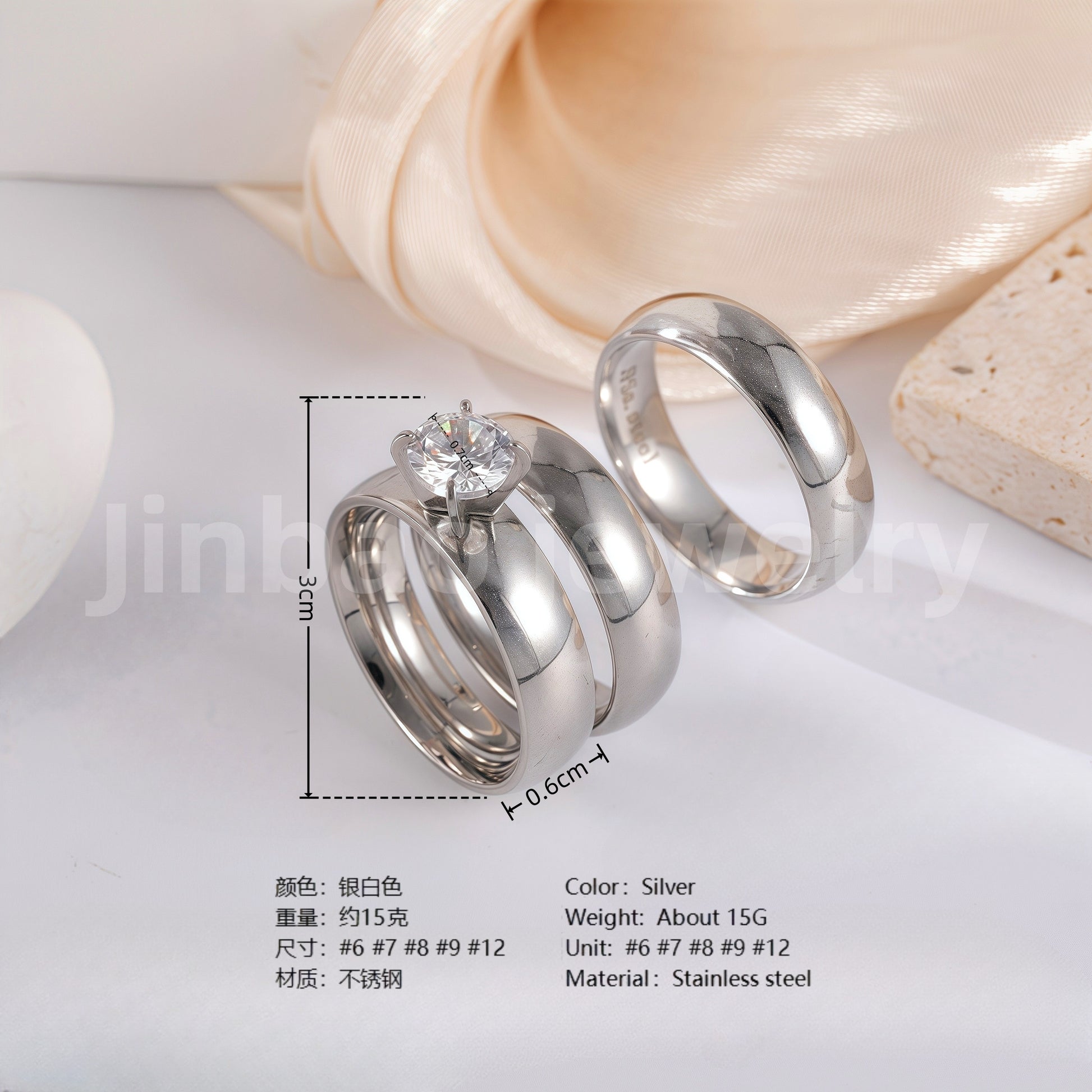 3 pc His & Her Wedding Ring Set Hypoallergenic 24k Gold, Cubic Zirconia, Size 6-10