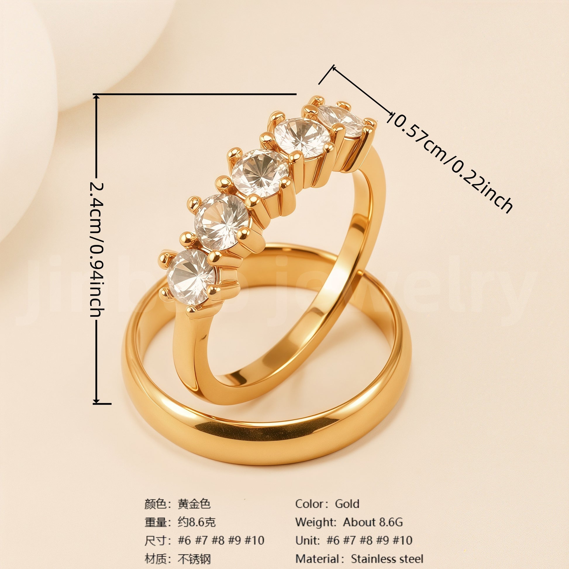 24K Gold-Plating Stainless Steel Luxury Crystal Wedding Waterproof Ring
