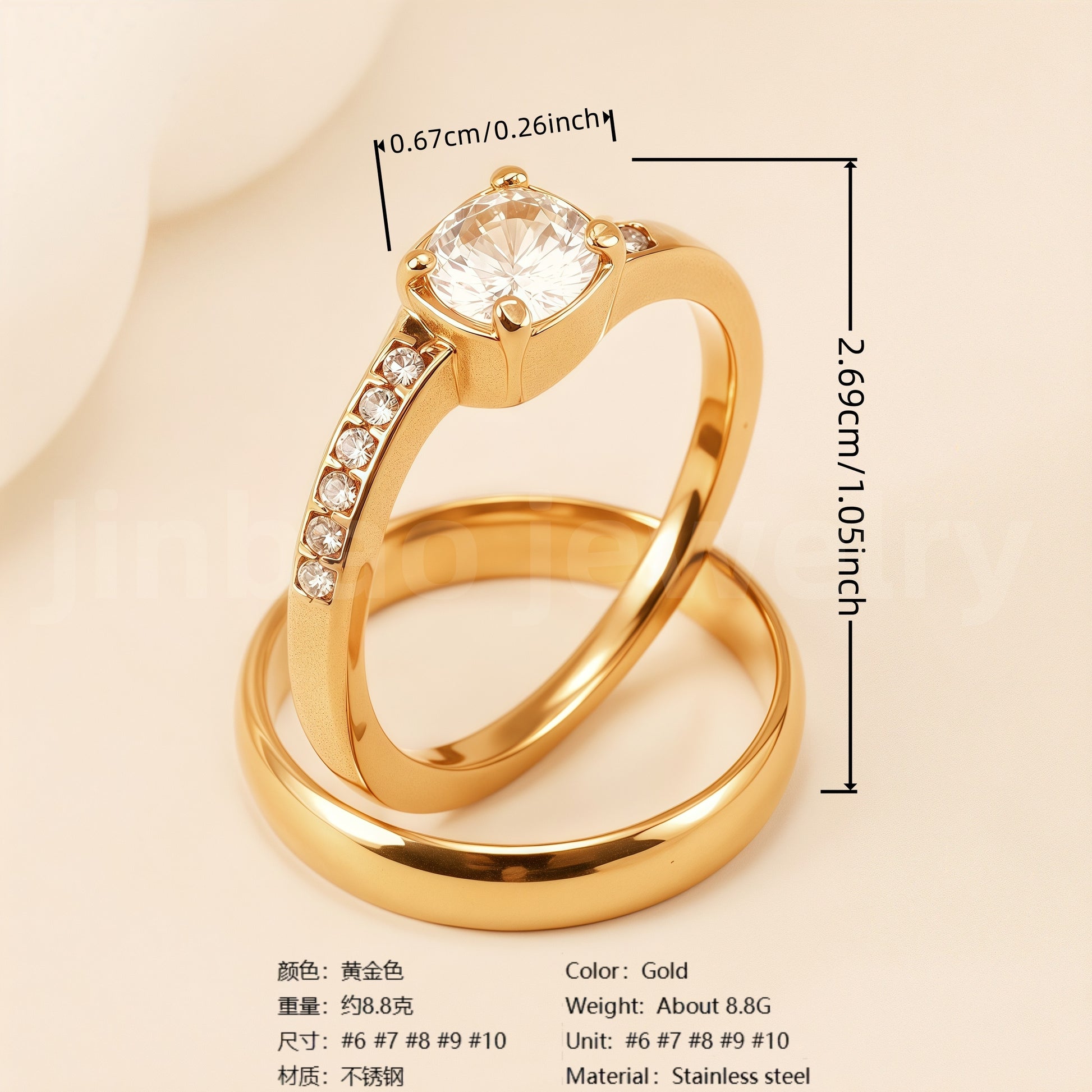 24K Gold-Plating Stainless Steel Luxury Crystal Wedding Waterproof Ring