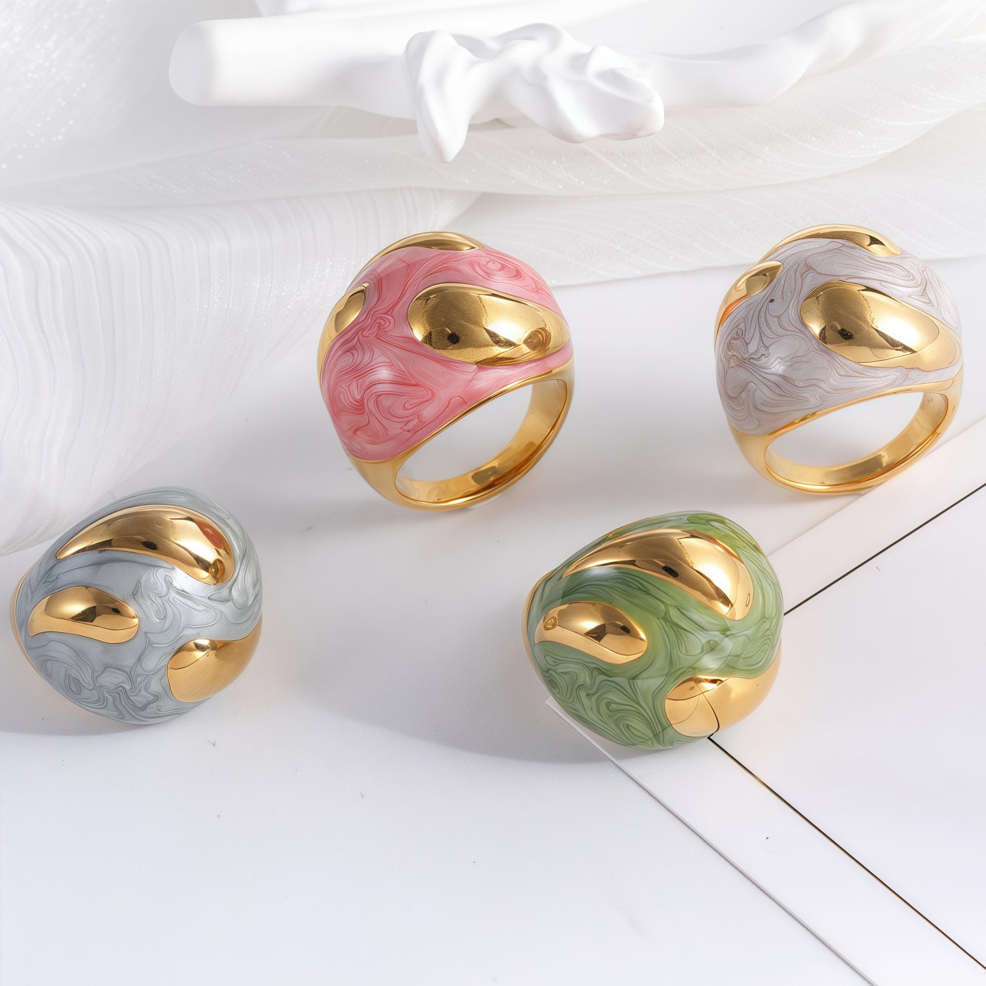 Colorful Marbled Resin Stainless Steel Ring with Gold Detail for Women | G004486