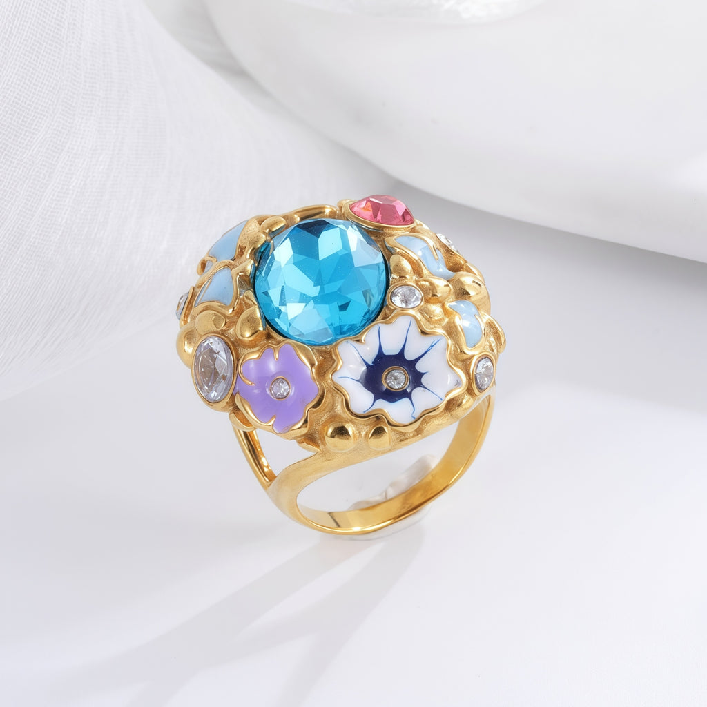 Colorful Gemstone Stainless Steel Ring with Floral Design Classic Fashion for Women | G004476