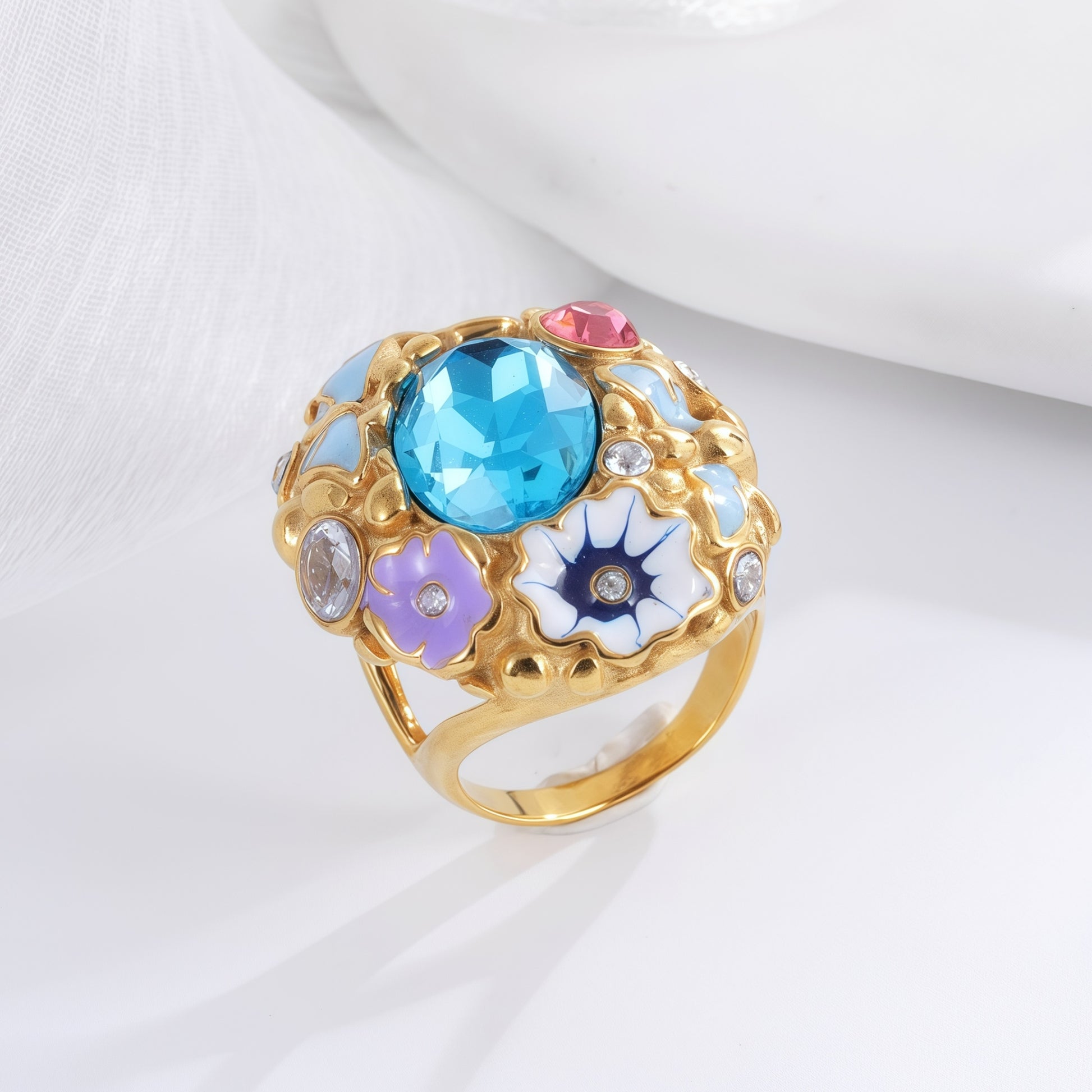 Colorful Gemstone Stainless Steel Ring with Floral Design Classic Fashion for Women | G004476