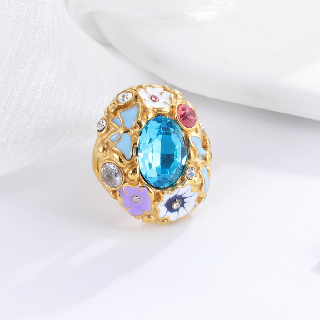 Colorful Gemstone Stainless Steel Ring with Floral Design Classic Fashion for Women | G004476