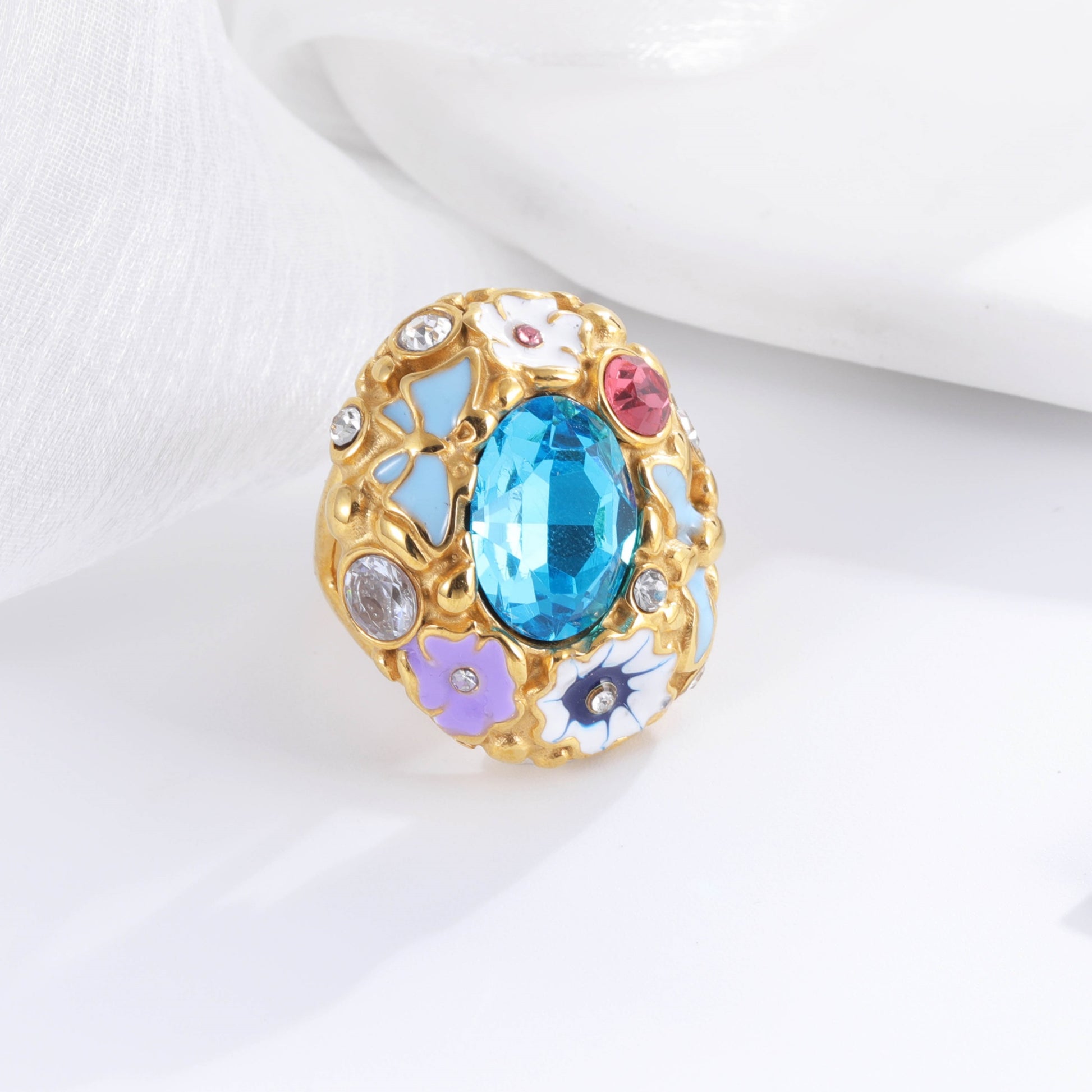 Colorful Gemstone Stainless Steel Ring with Floral Design Classic Fashion for Women | G004476