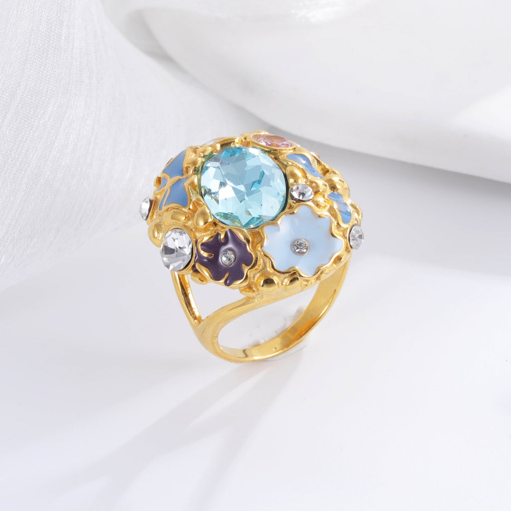 Colorful Gemstone Stainless Steel Ring with Floral Design Classic Fashion for Women | G004476
