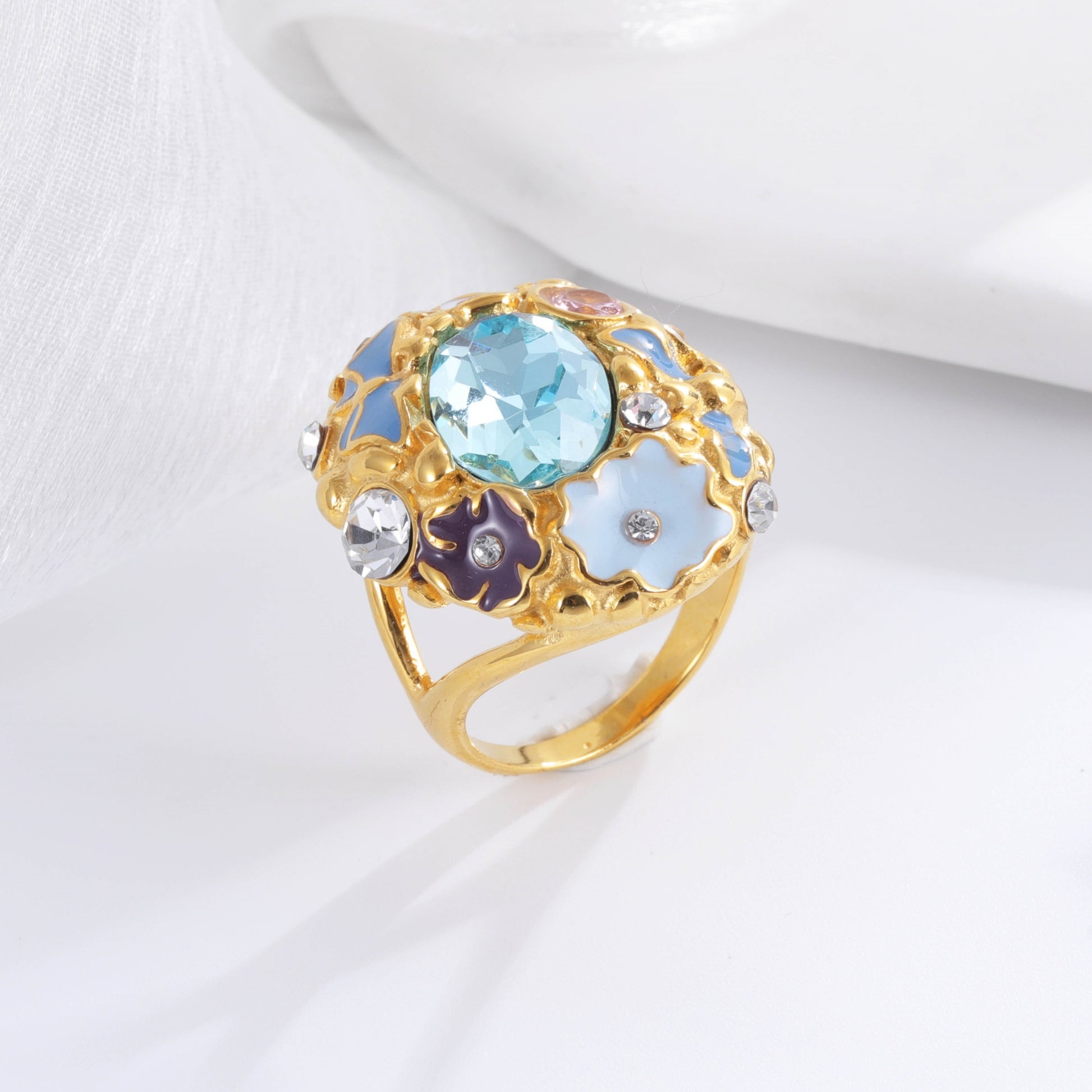 Colorful Gemstone Stainless Steel Ring with Floral Design Classic Fashion for Women | G004476