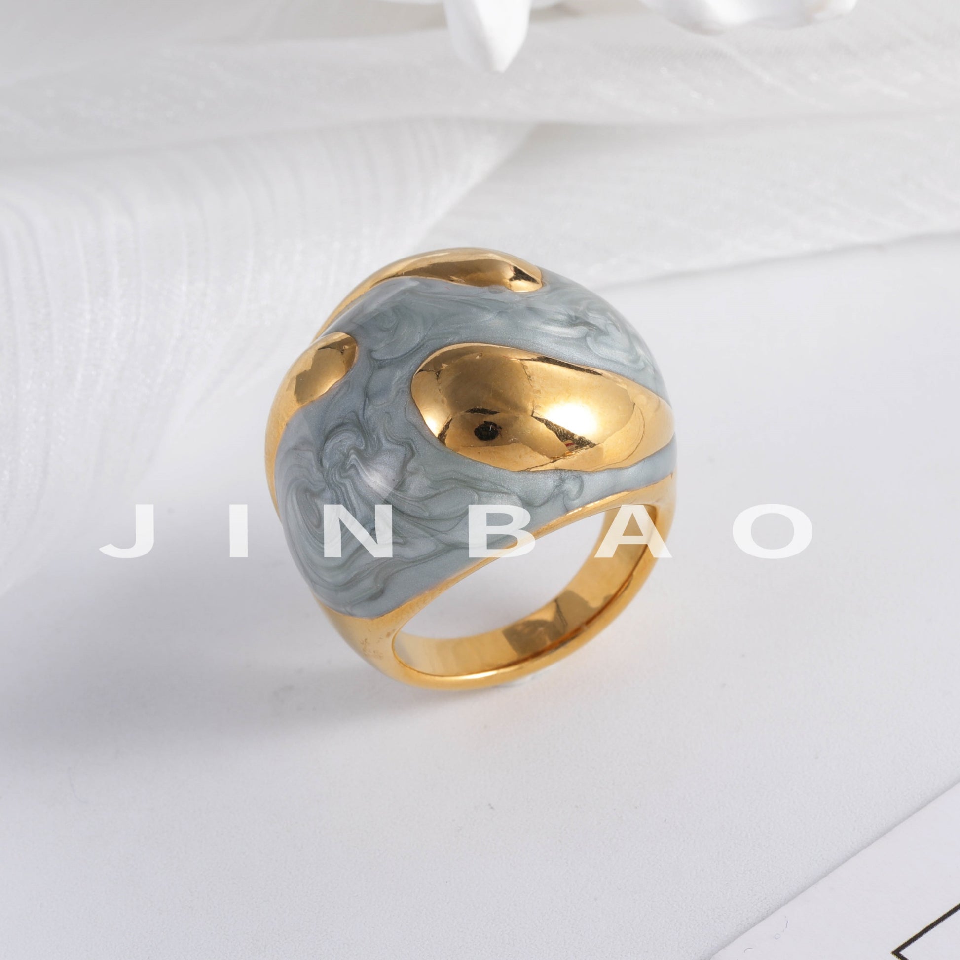 Colorful Marbled Resin Stainless Steel Ring with Gold Detail for Women | G004486