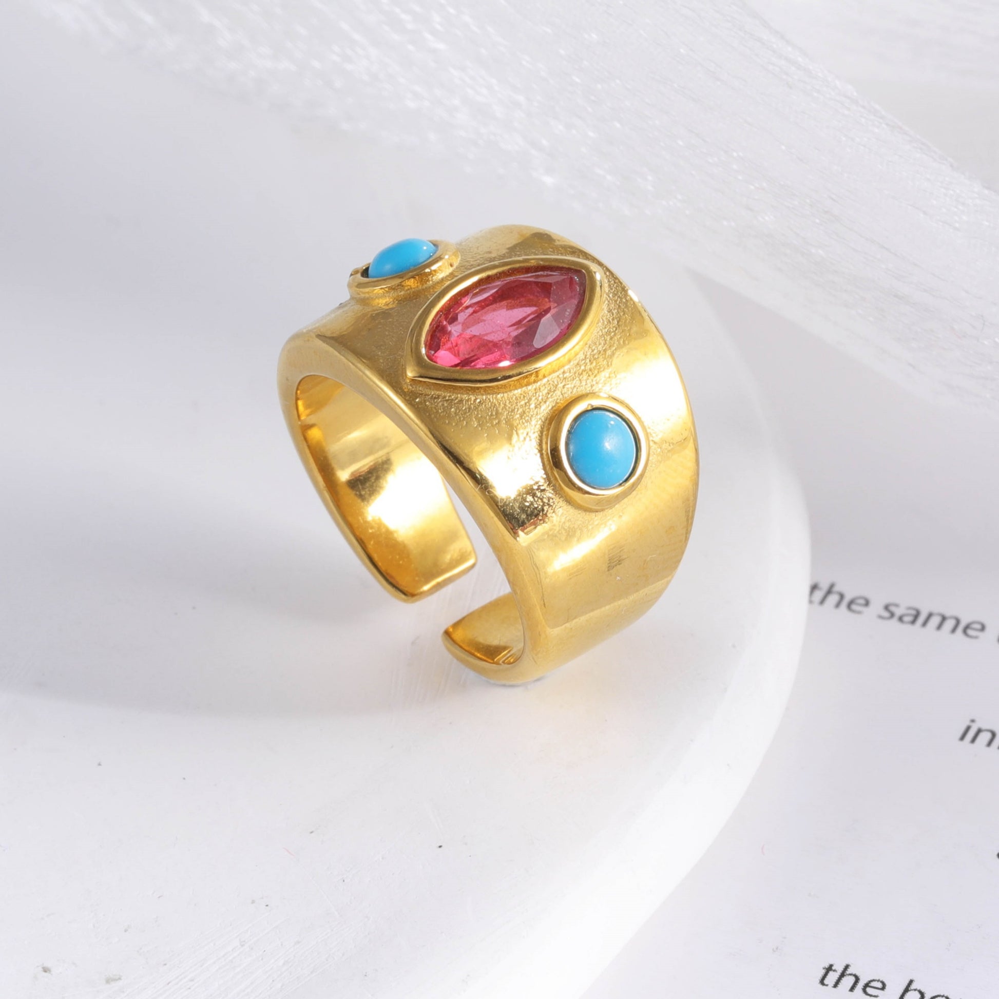 24K Gold-Plated Gem-Set Stainless Steel Unisex Waterproof Ring With Open Opening丨G003334