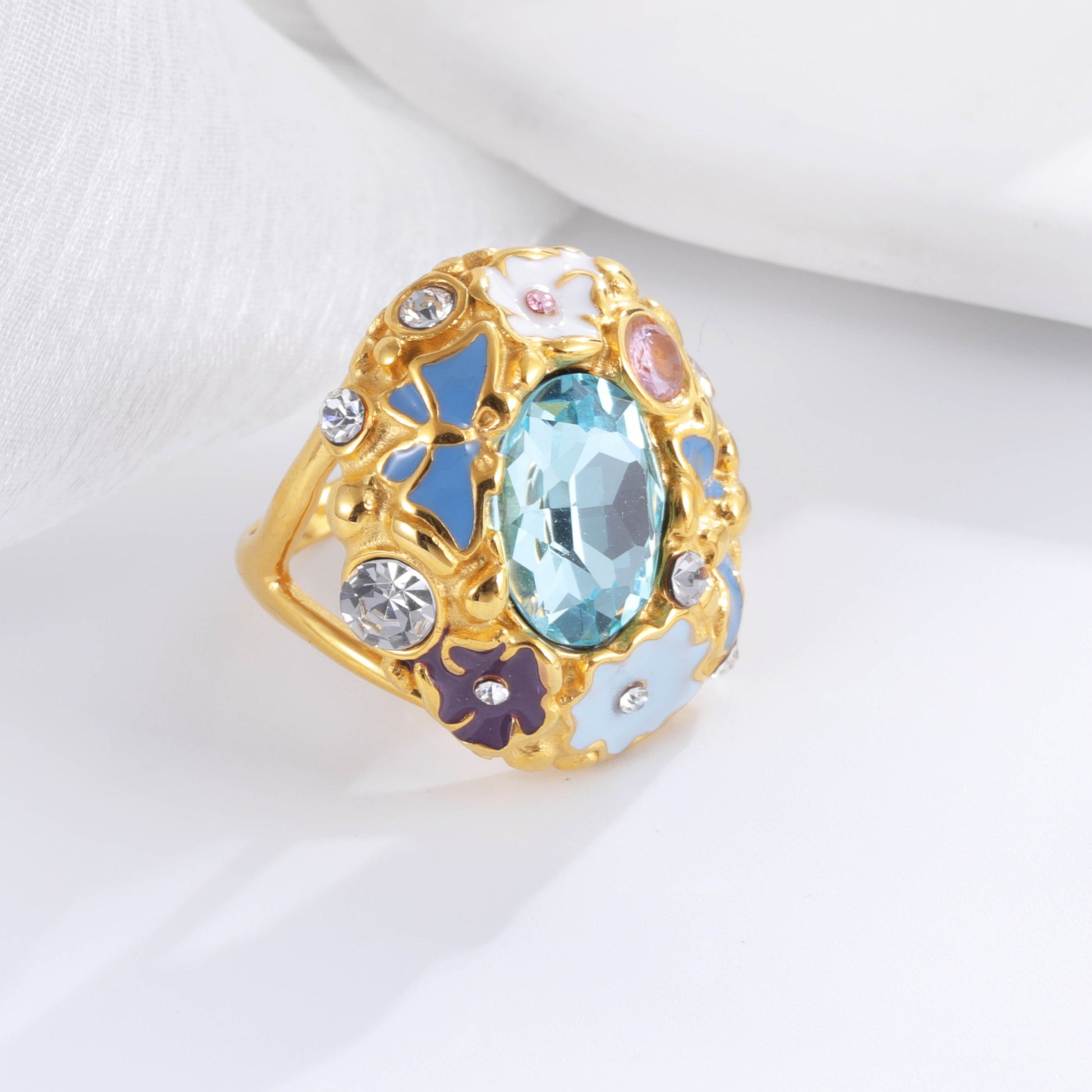 Colorful Gemstone Stainless Steel Ring with Floral Design Classic Fashion for Women | G004476