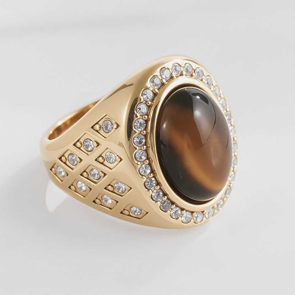 Luxurious Gold Tiger Eye Stone Inlaid Diamond Stainless Steel Men's Ring | BL869