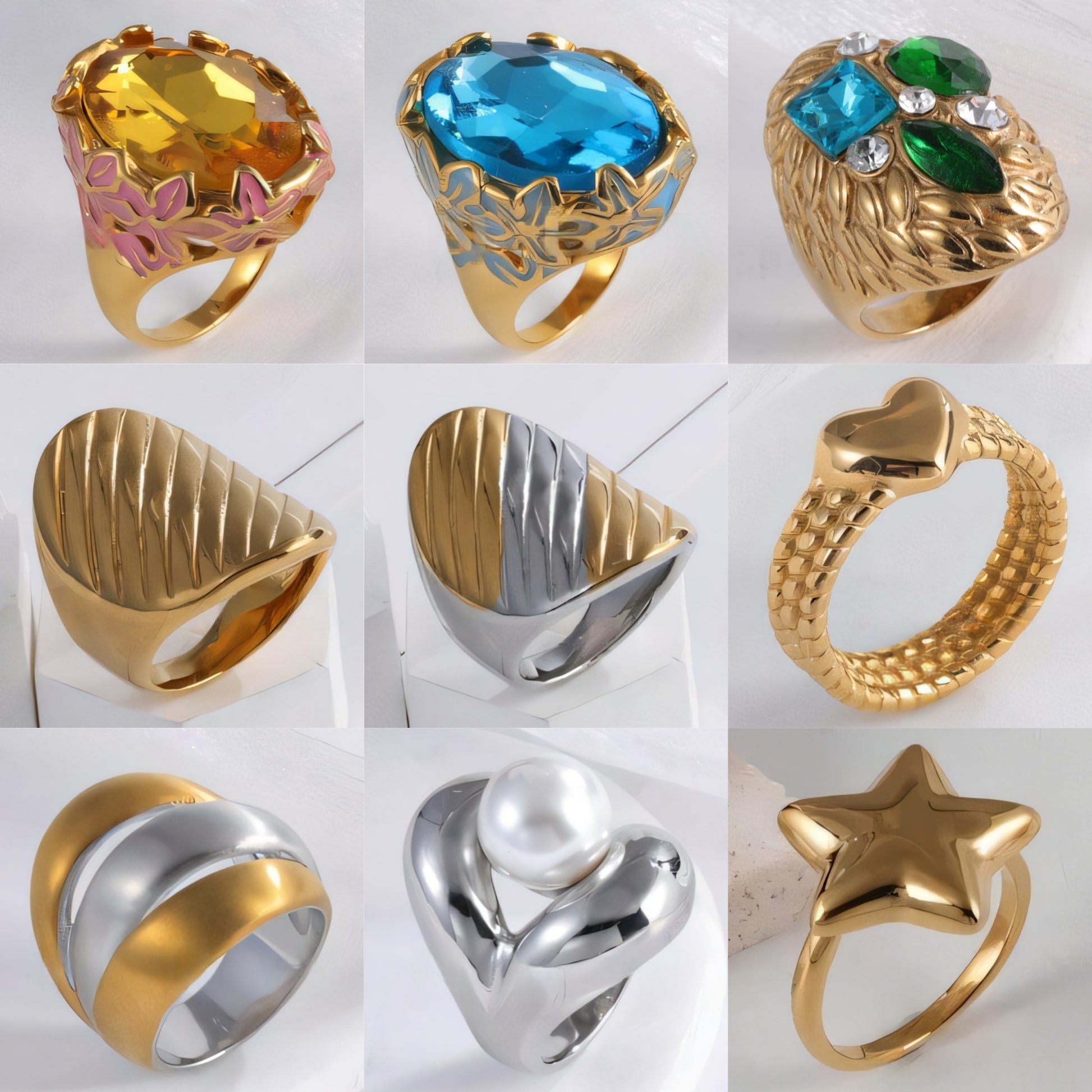 24K Gold Plated Stainless Steel Rings with Artificial Gemstones & Pearls