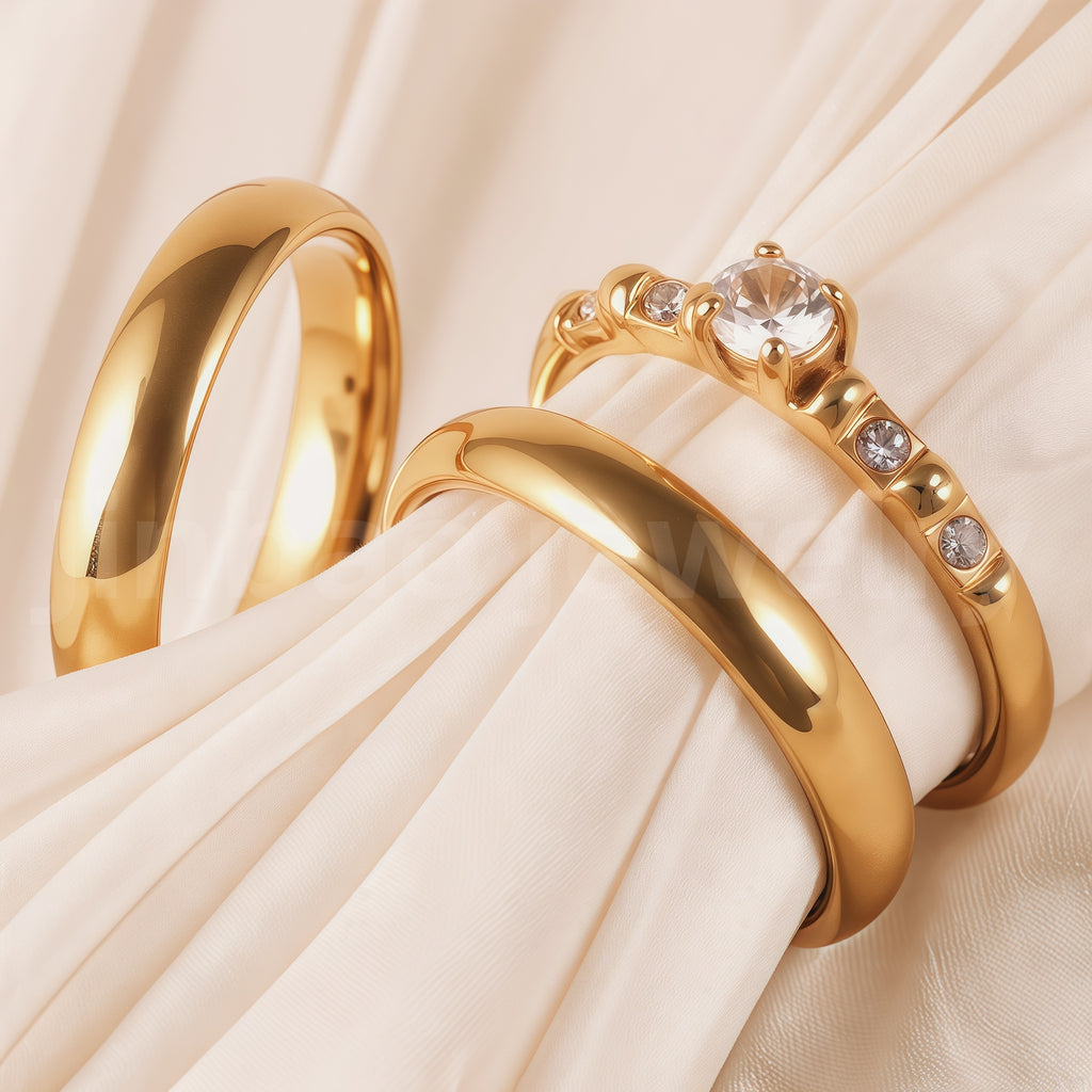 24K Gold-Plating Stainless Steel Luxury Crystal Wedding Waterproof Ring