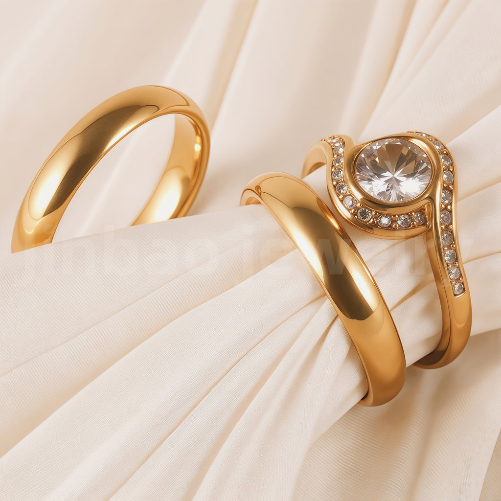 24K Gold-Plating Stainless Steel Luxury Crystal Wedding Waterproof Ring