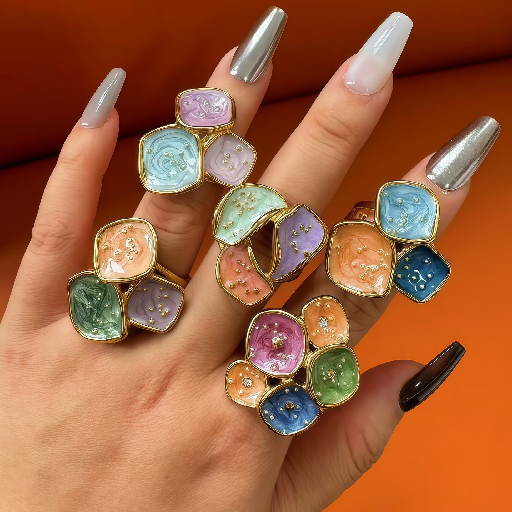 24K Gold PVD Stainless Steel Titanium Colorful Flower Women's Ring