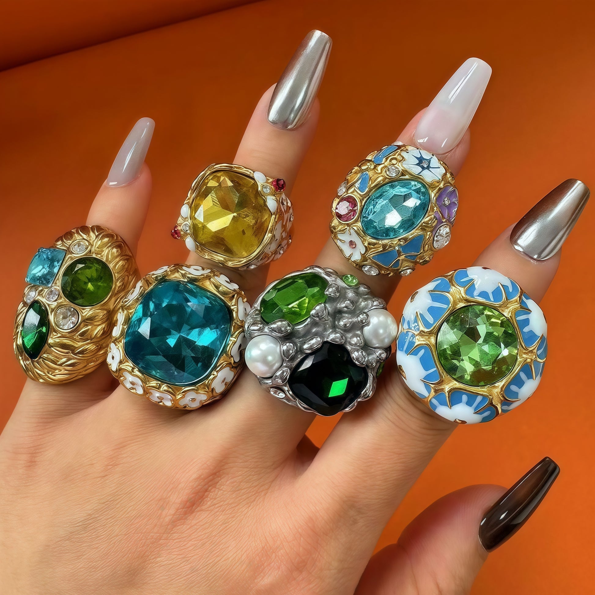 24K Gold PVD Stainless Steel Titanium Gemstone Floral Women's Ring
