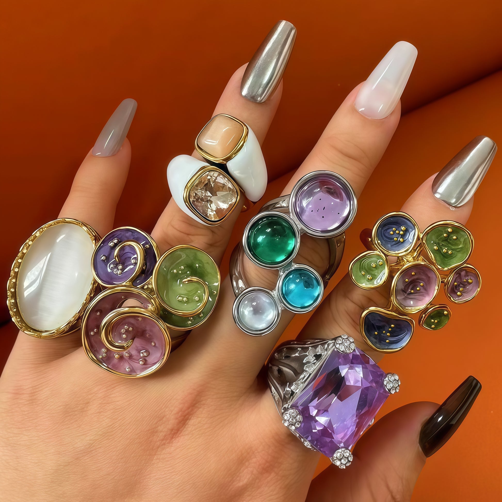 24K Gold PVD Stainless Steel Titanium Elegant Multi-Color Gemstone Women's Ring