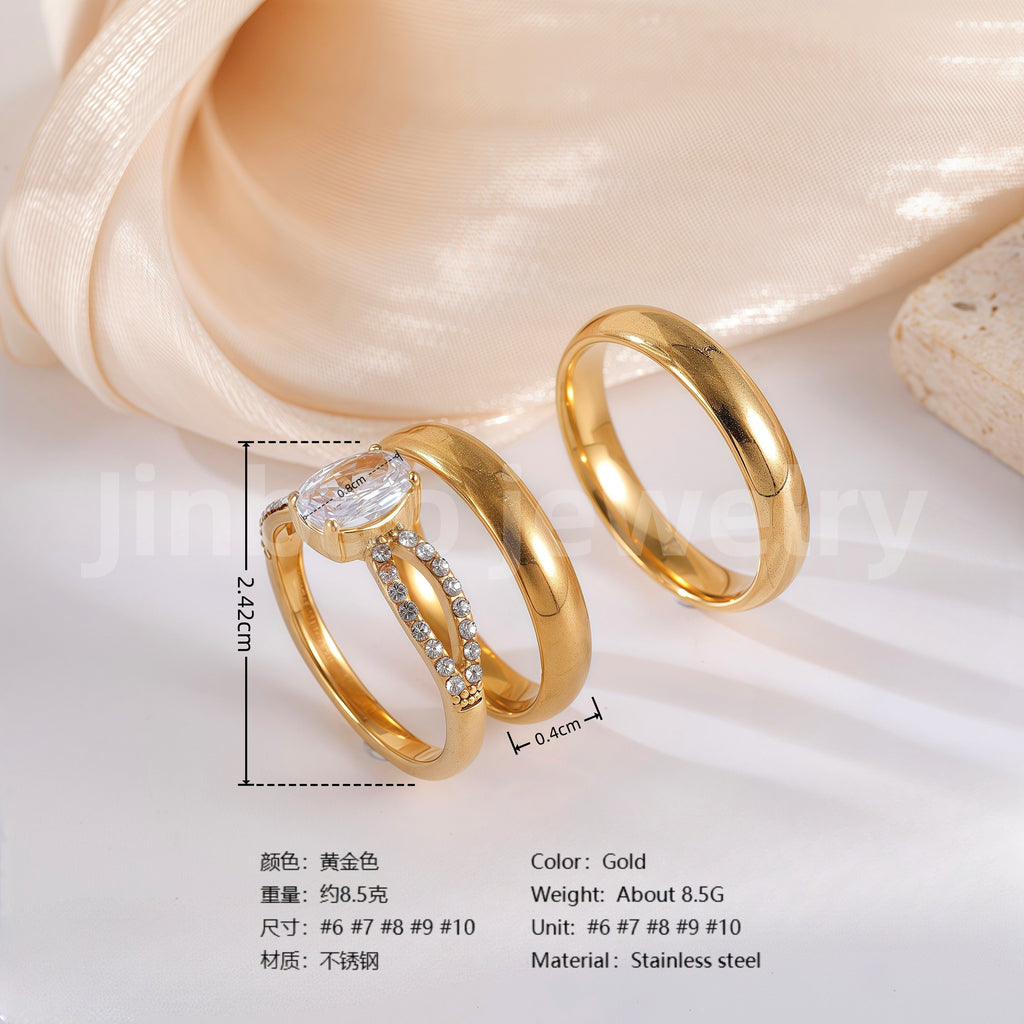 3 pc His & Her Gleaming Elegance Wedding Ring Set Hypoallergenic 24k Gold, Cubic Zirconia, Size 6-10