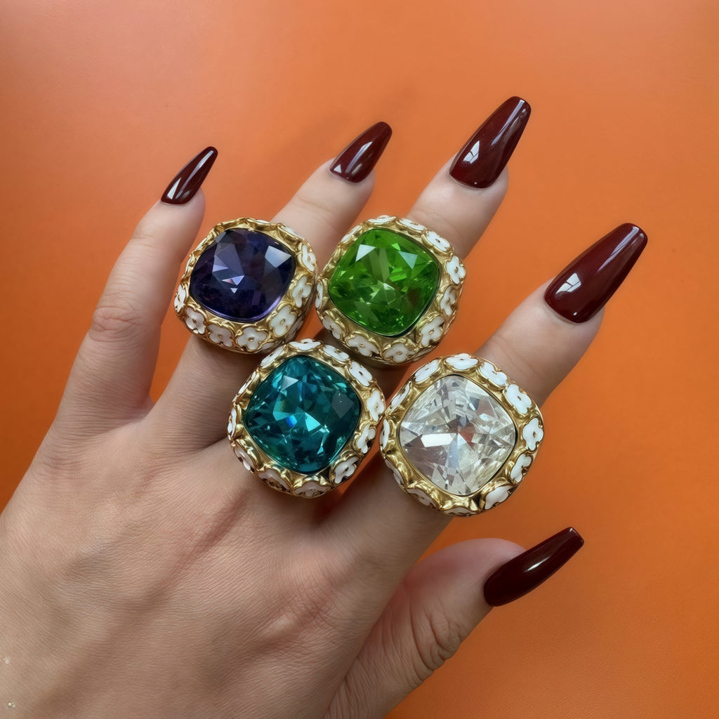 Vintage Inspired Flower Border Stainless Steel Gemstone Ring Women Ring | G004468