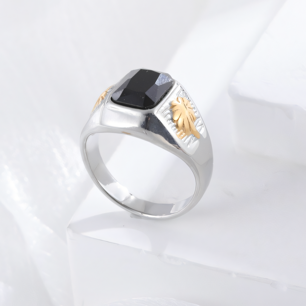 Classic Sunflower Black Gemstone Stainless Steel Ring for Men | K002789
