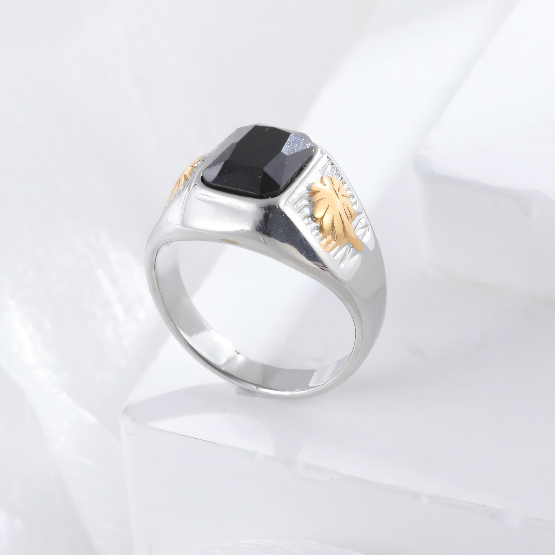 Classic Sunflower Black Gemstone Stainless Steel Ring for Men | K002789
