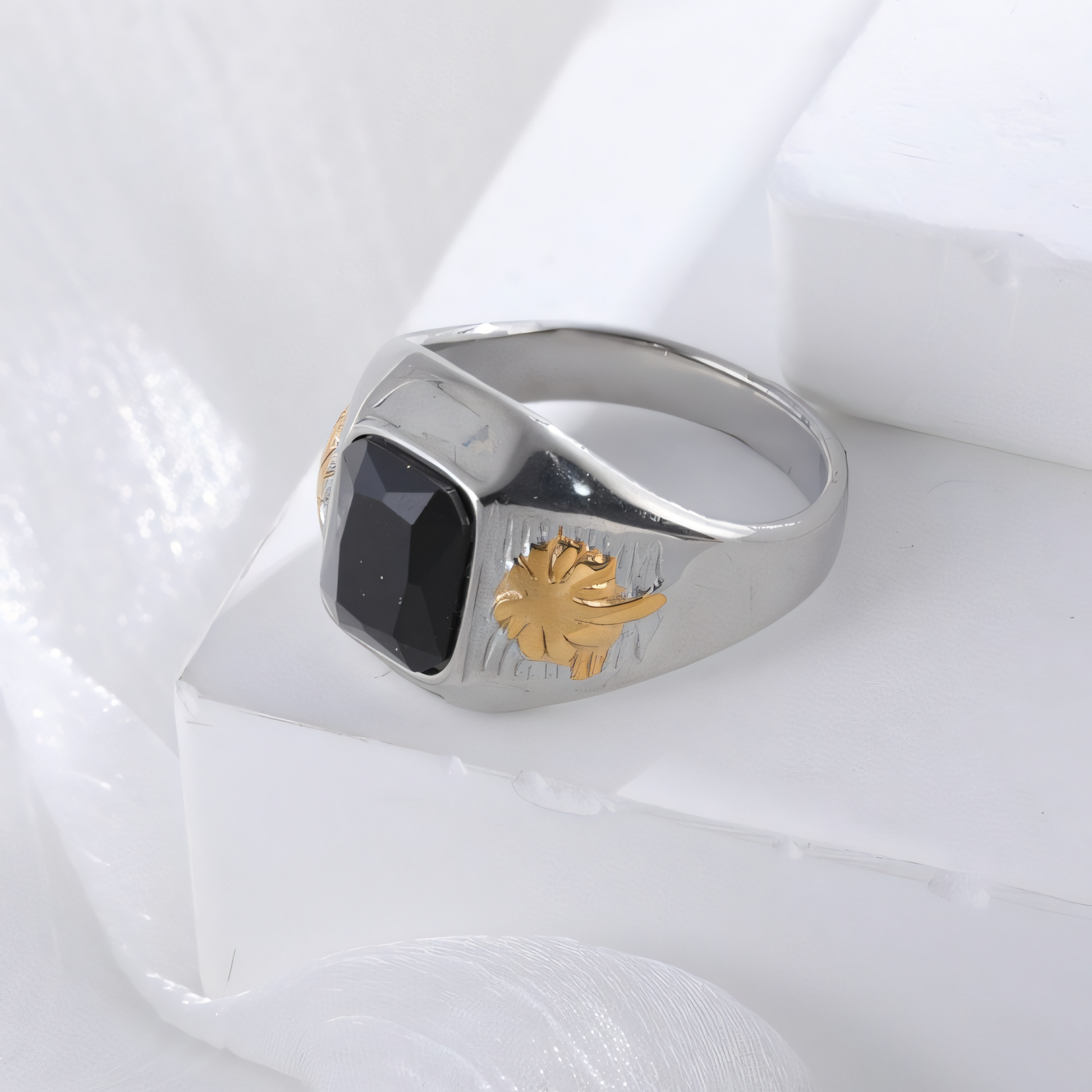 Classic Sunflower Black Gemstone Stainless Steel Ring for Men | K002789