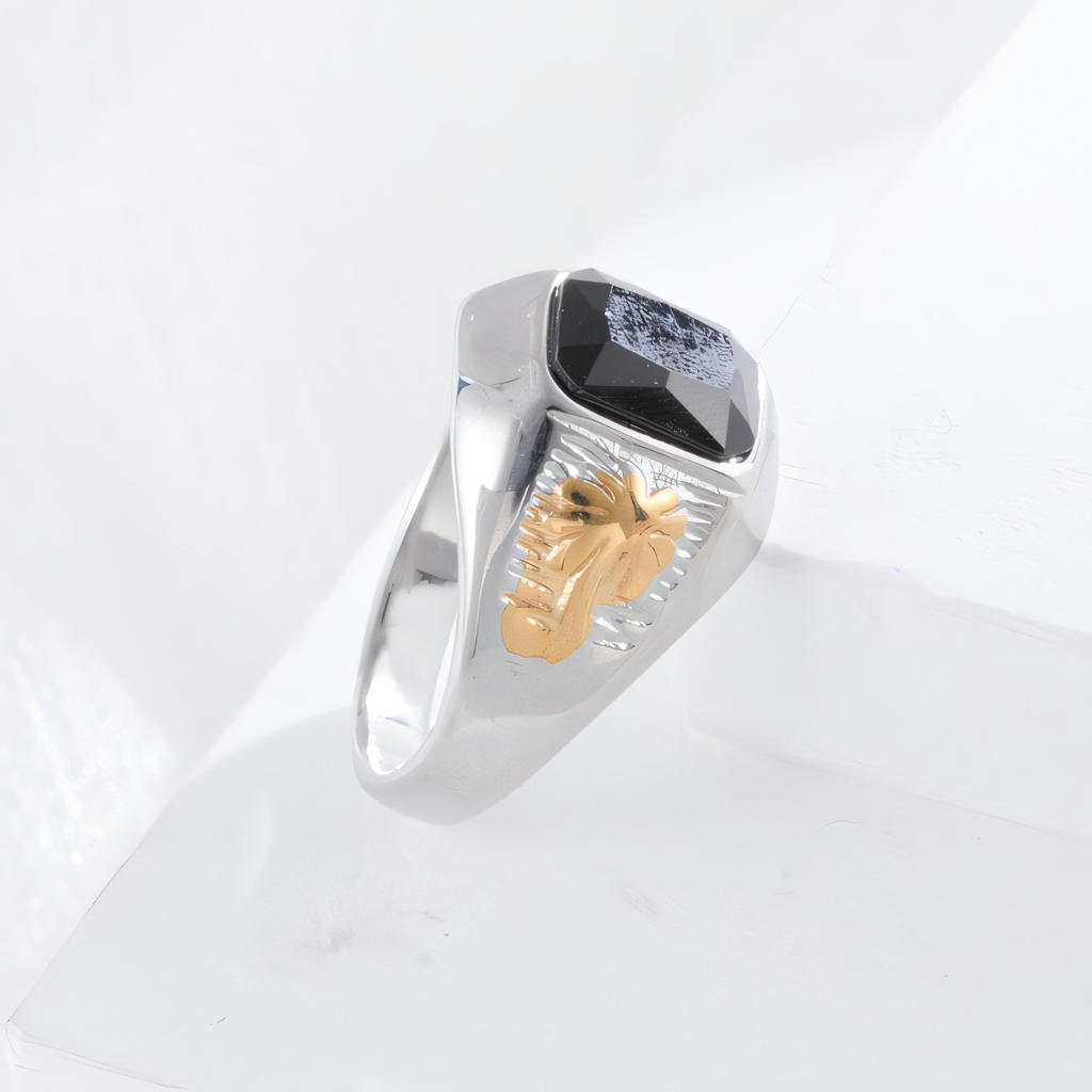 Classic Sunflower Black Gemstone Stainless Steel Ring for Men | K002789