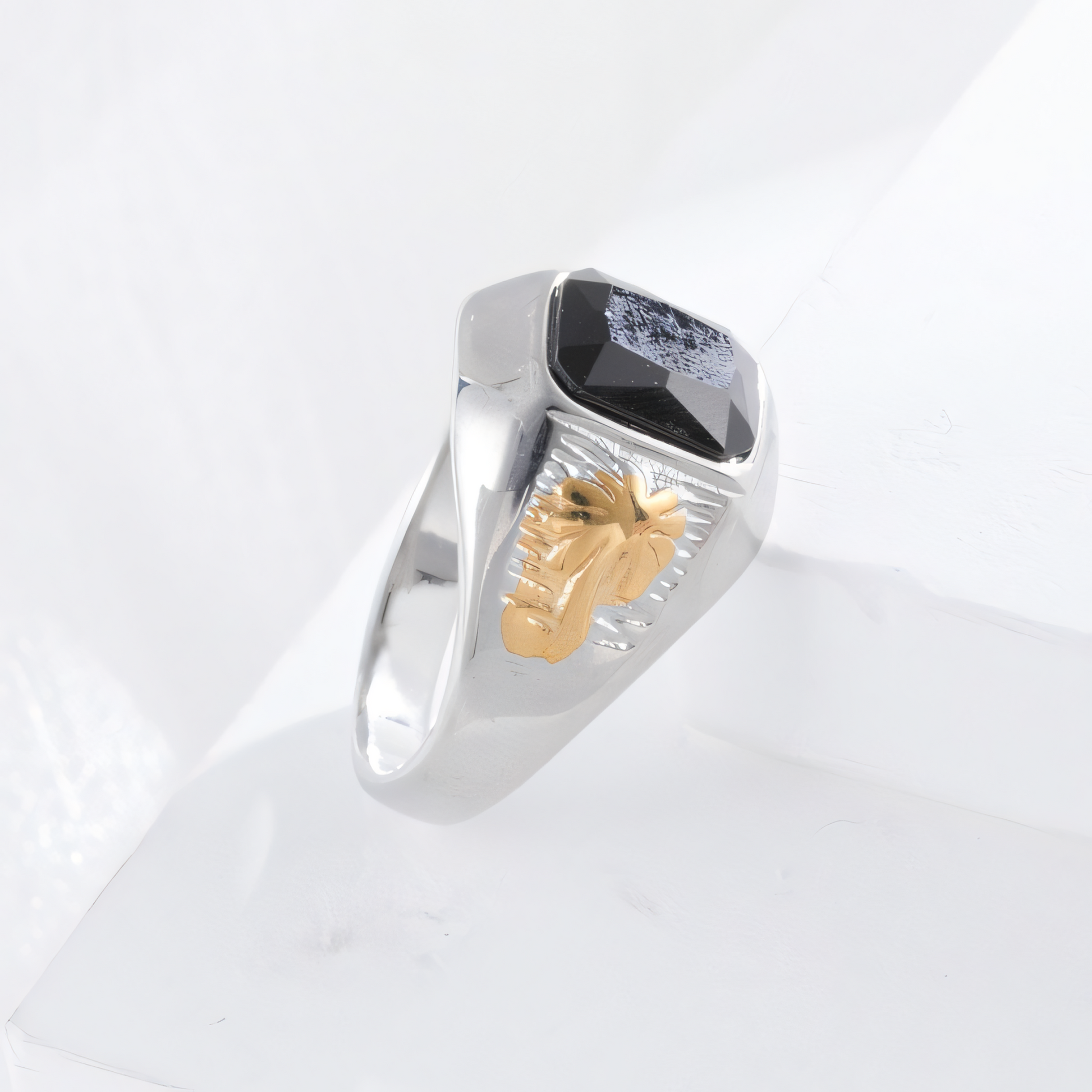 Classic Sunflower Black Gemstone Stainless Steel Ring for Men | K002789