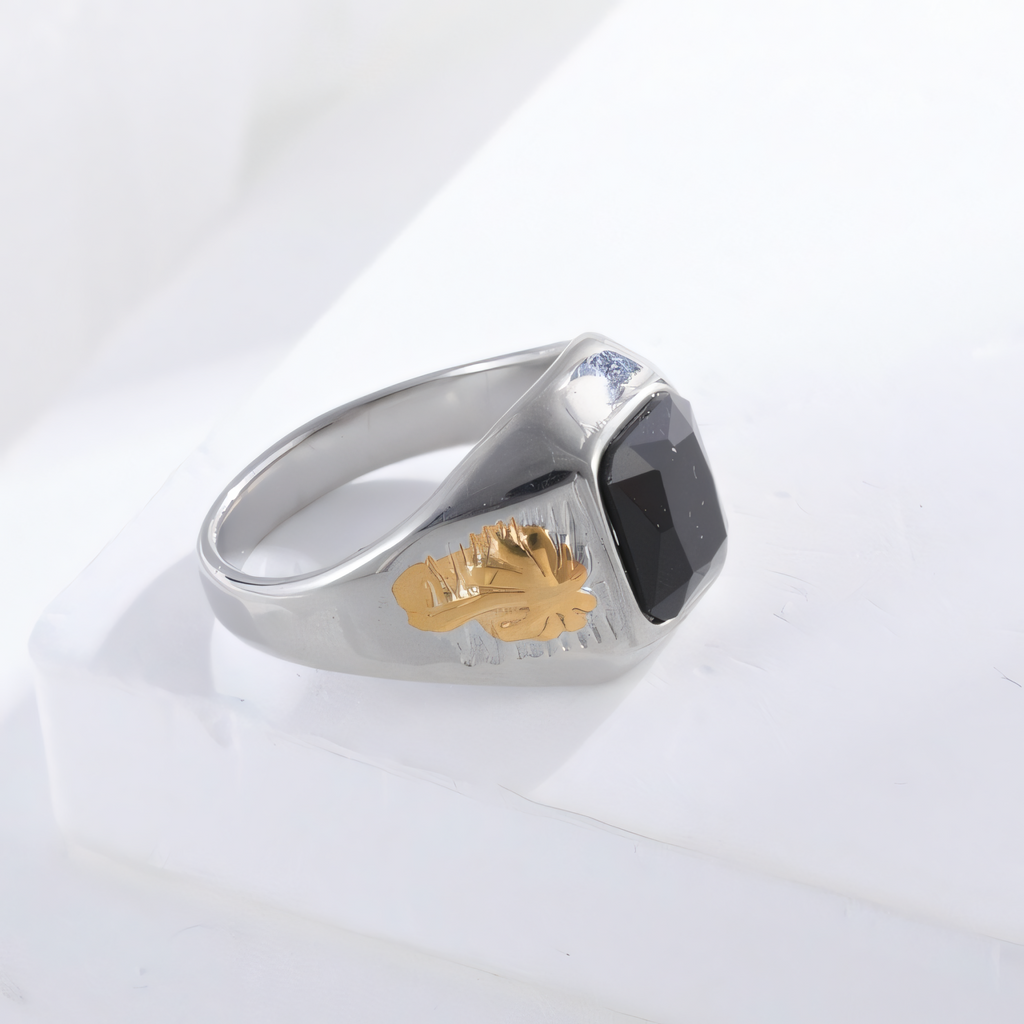 Classic Sunflower Black Gemstone Stainless Steel Ring for Men | K002789