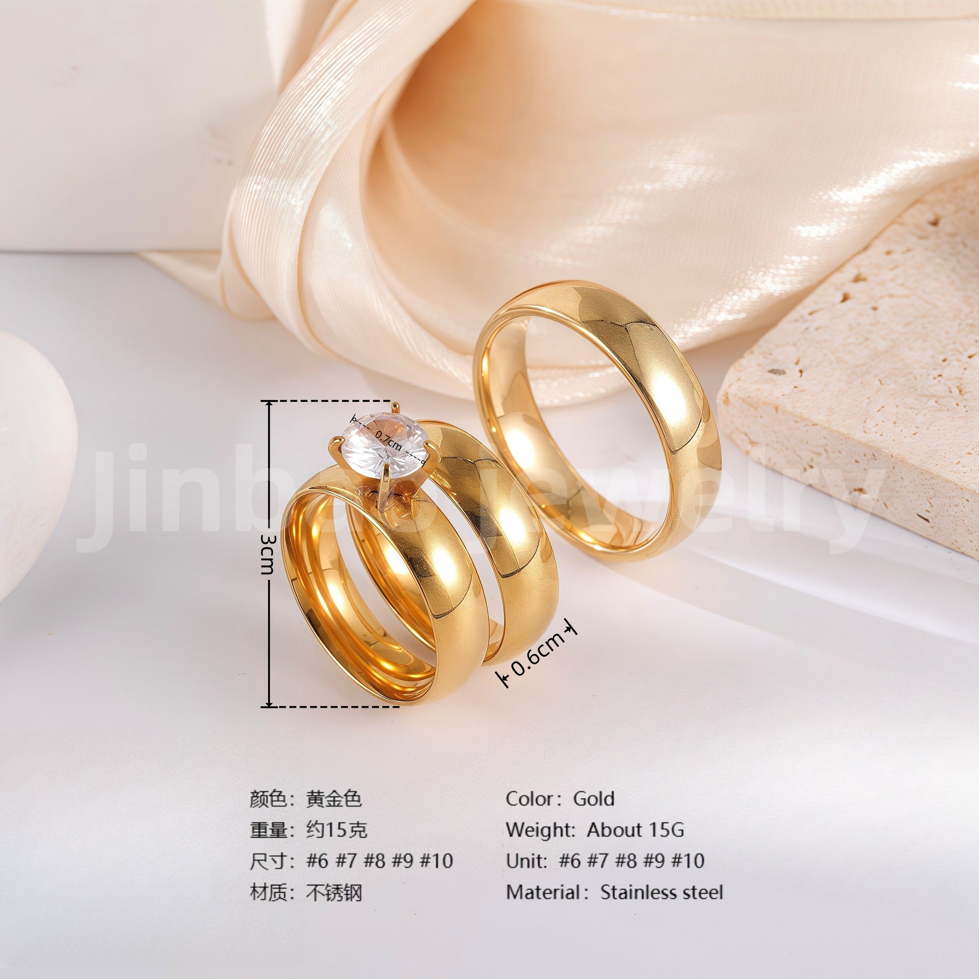3 pc His & Her Wedding Ring Set Hypoallergenic 24k Gold, Cubic Zirconia, Size 6-10