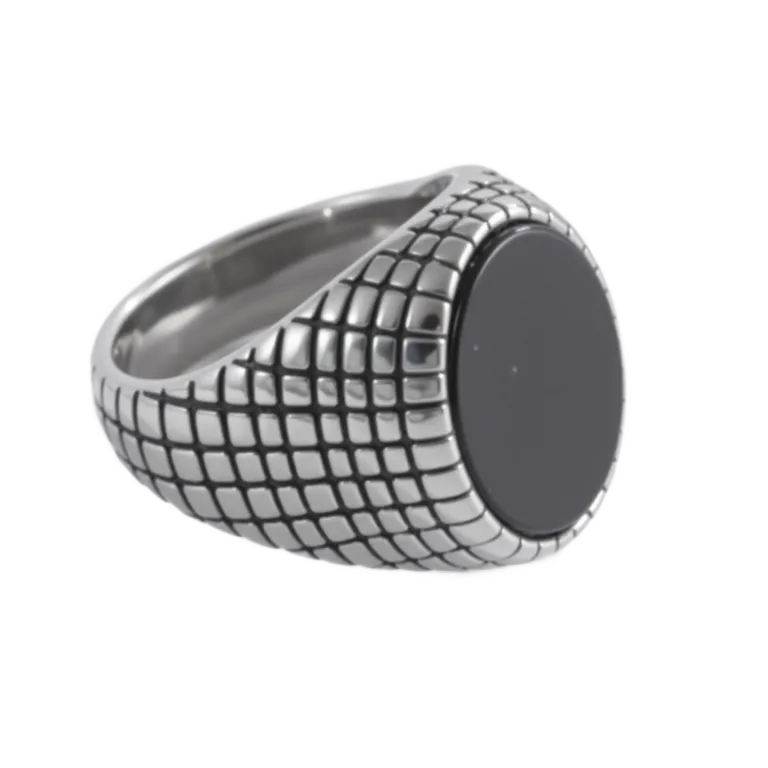 Retro Grid Engraved Minimalist Black Round Stainless Steel Men's Ring | B357