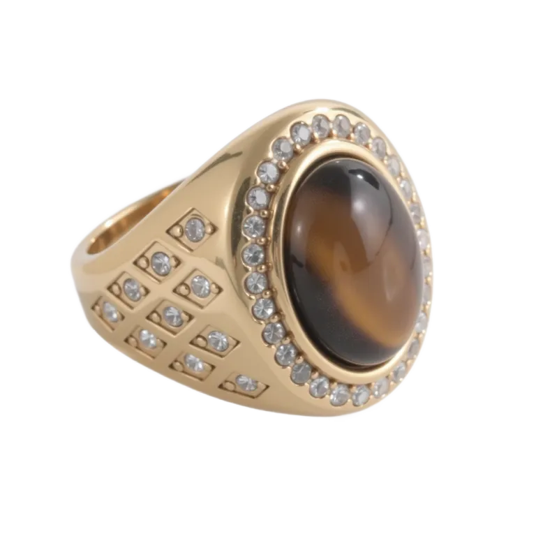 Luxurious Gold Tiger Eye Stone Inlaid Diamond Stainless Steel Men's Ring | BL869