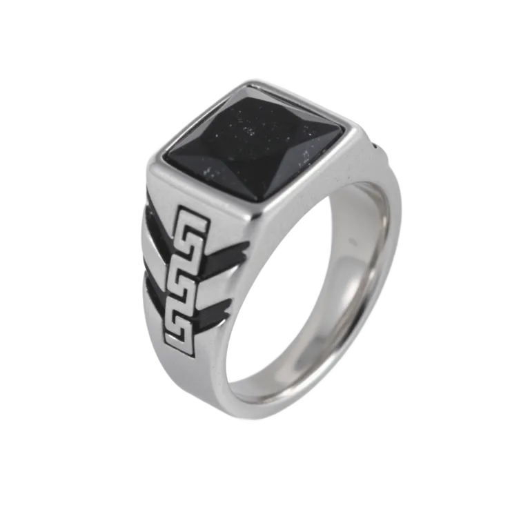 Bold Square Gemstone Stainless Steel Ring Greek Key Design for Men | BL1099