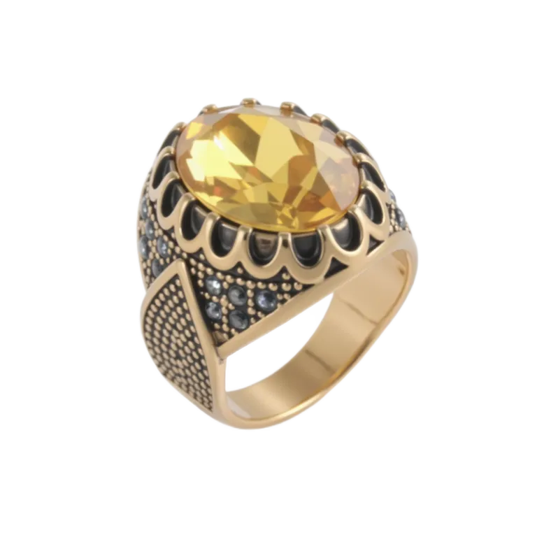 Vintage Stainless Steel Yellow Gemstone Ring with Hollow Carving Details for Men | K002762
