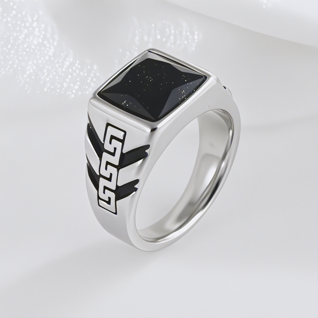Bold Square Gemstone Stainless Steel Ring Greek Key Design for Men | BL1099