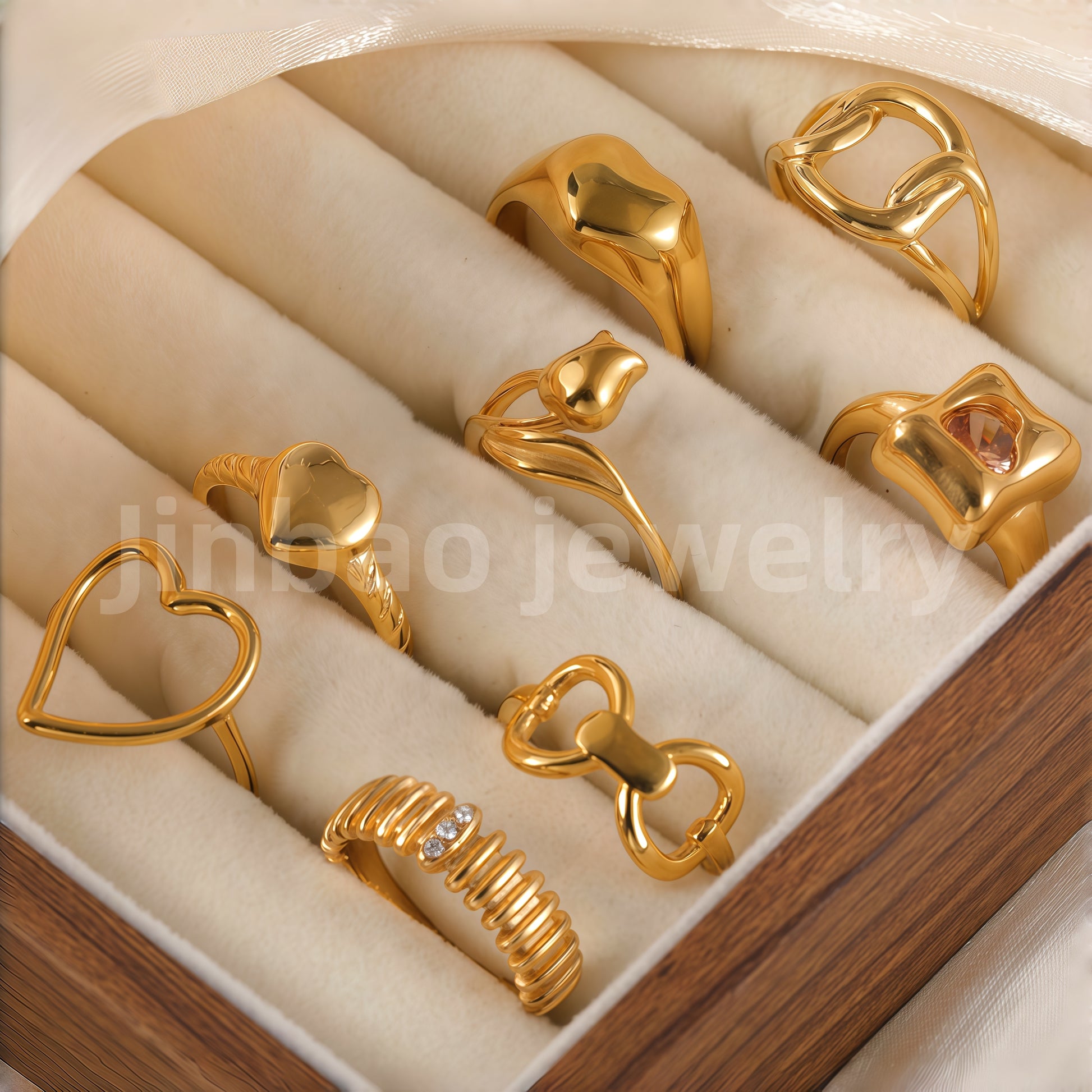 24K Gold PVD Stainless Steel Titanium Heart & Floral Women's Ring