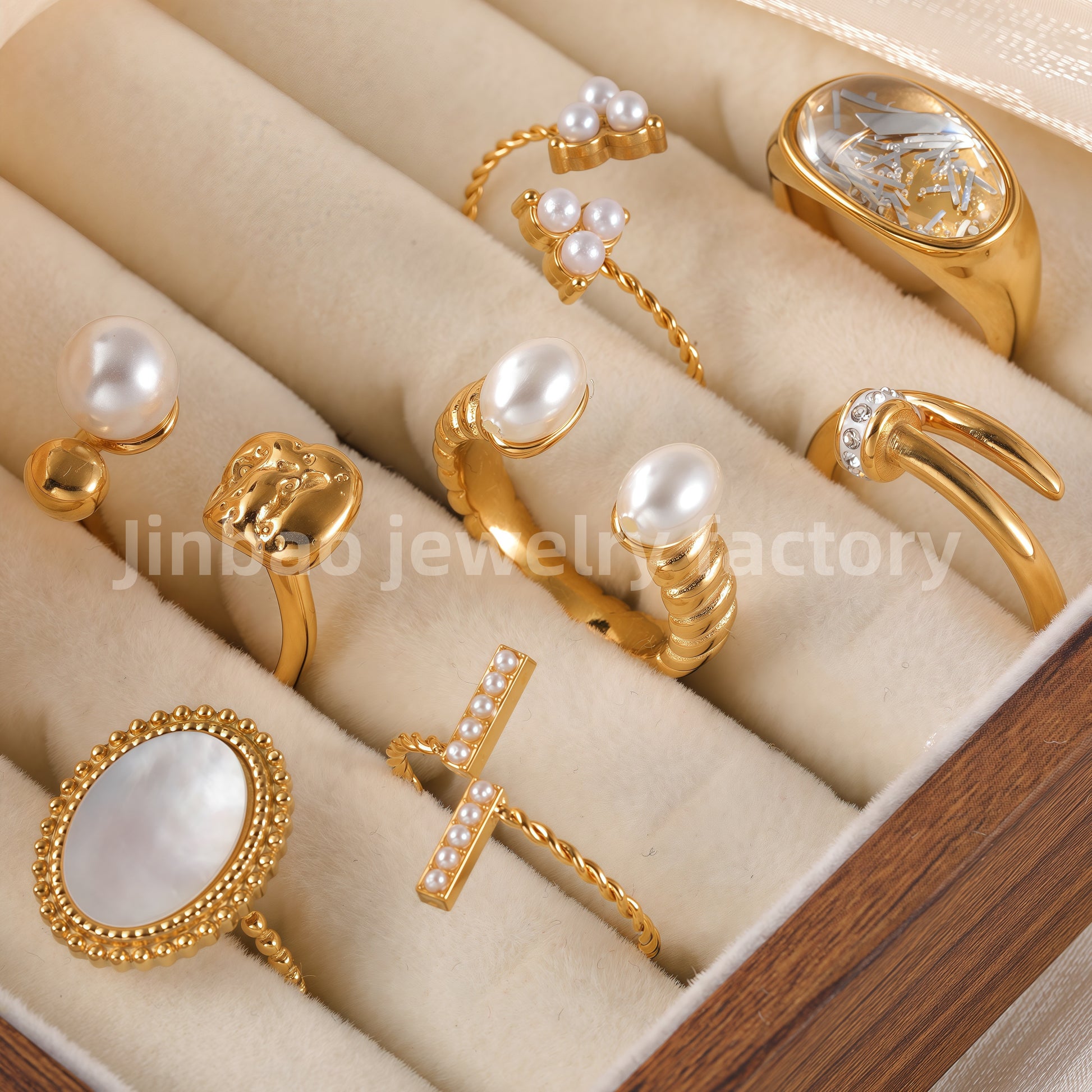24K Gold PVD Stainless Steel Titanium Elegant Pearl Women's Ring