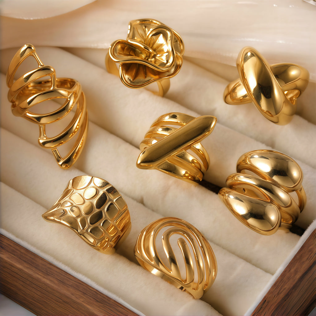 24K Gold PVD Stainless Steel Titanium Wave & Streamline Women's Ring